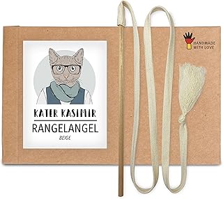 The RANGELANGEL: Our sustainable cat fishing rod with beech wood rod and beige cotton ribbon. Handmade in Germany and with love sustainable cat toy product image