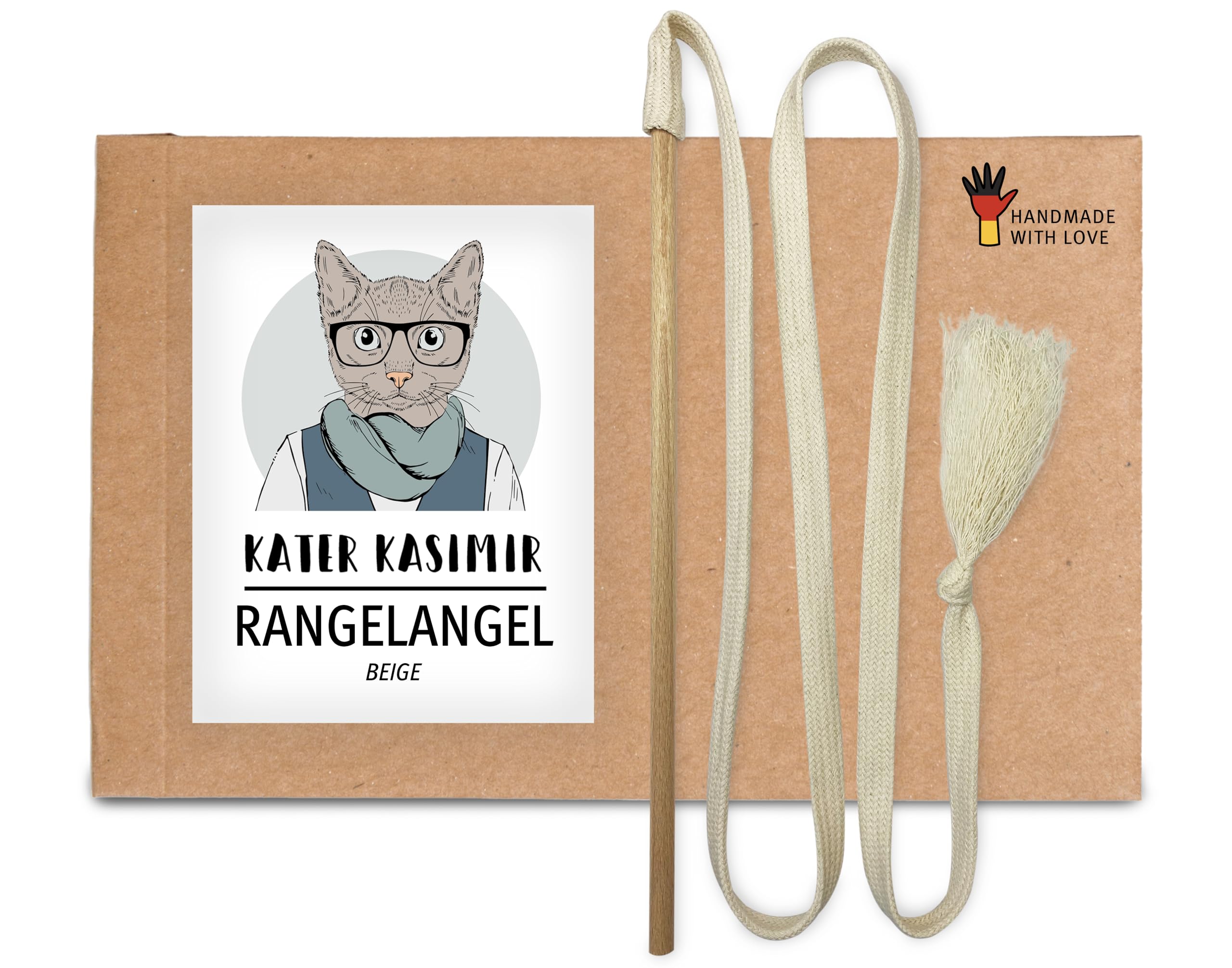 Kater Kasimir Die RANGELANGEL: Unsere nachhaltige Katzenangel mit Buchenholz-Stab und beigem Baumwollband. In Deutschland von Hand und mit Liebe gefertigtes nachhaltiges Katzenspielzeug