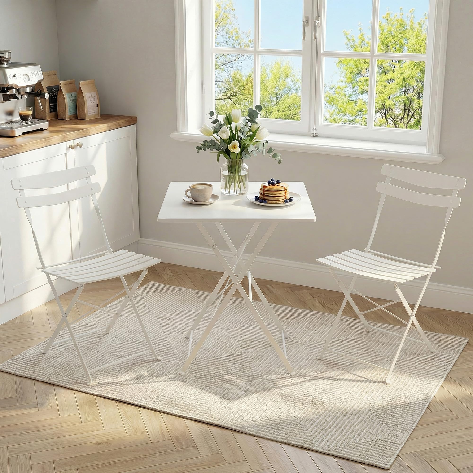 Lidzopas Space-Saving Collapsible Metal Bistro Set, 3-Piece Patio Table and 2 Chairs, Weather-Resistant, No Assembly, Compact for Balcony, Porch, Deck, Garden, White