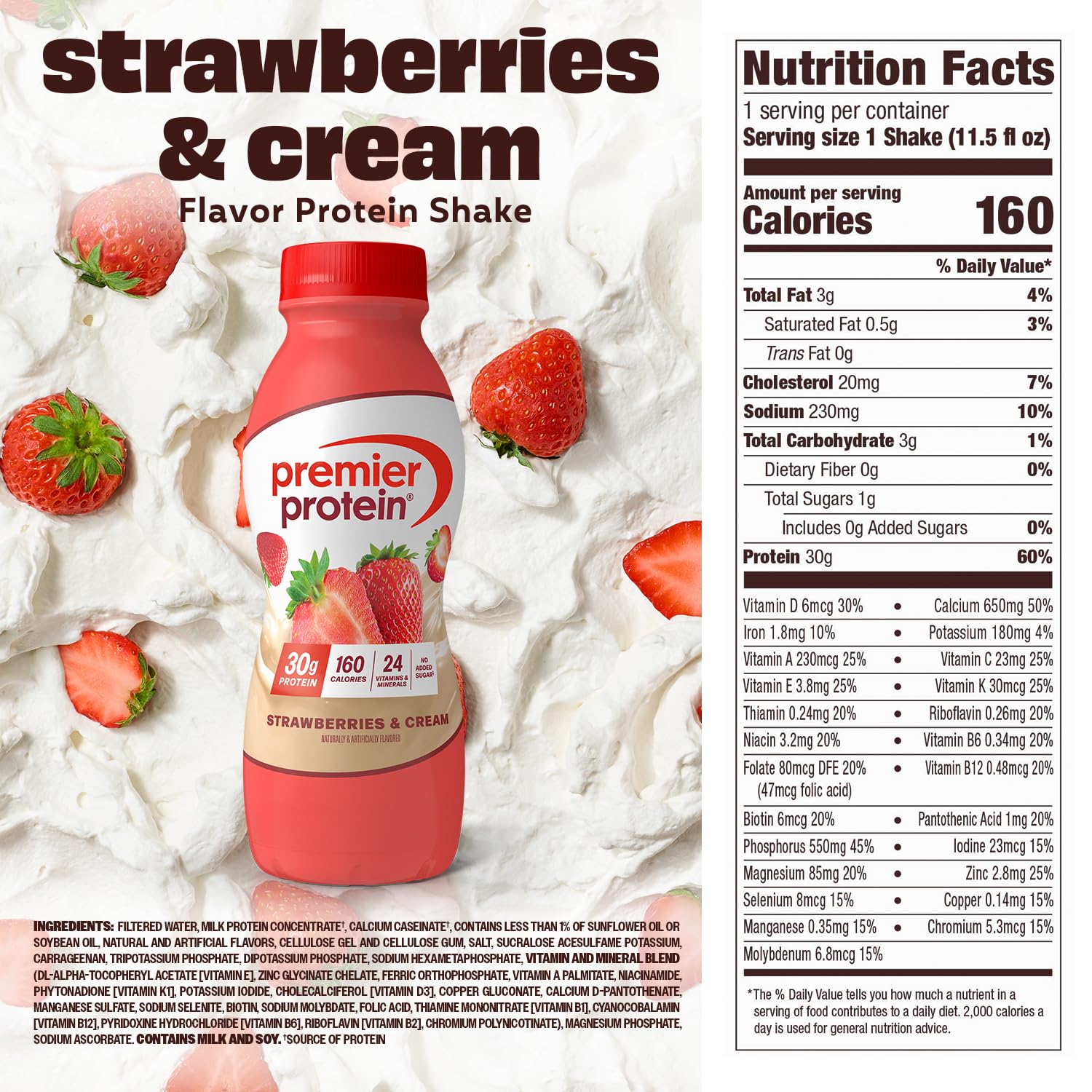 BUNDLE: Premier Protein Shake, Strawberries & Cream (12 Pack) + Bananas & Cream (12 Pack), 30g Protein, 11.5 Fl Oz (24 Shakes Total)