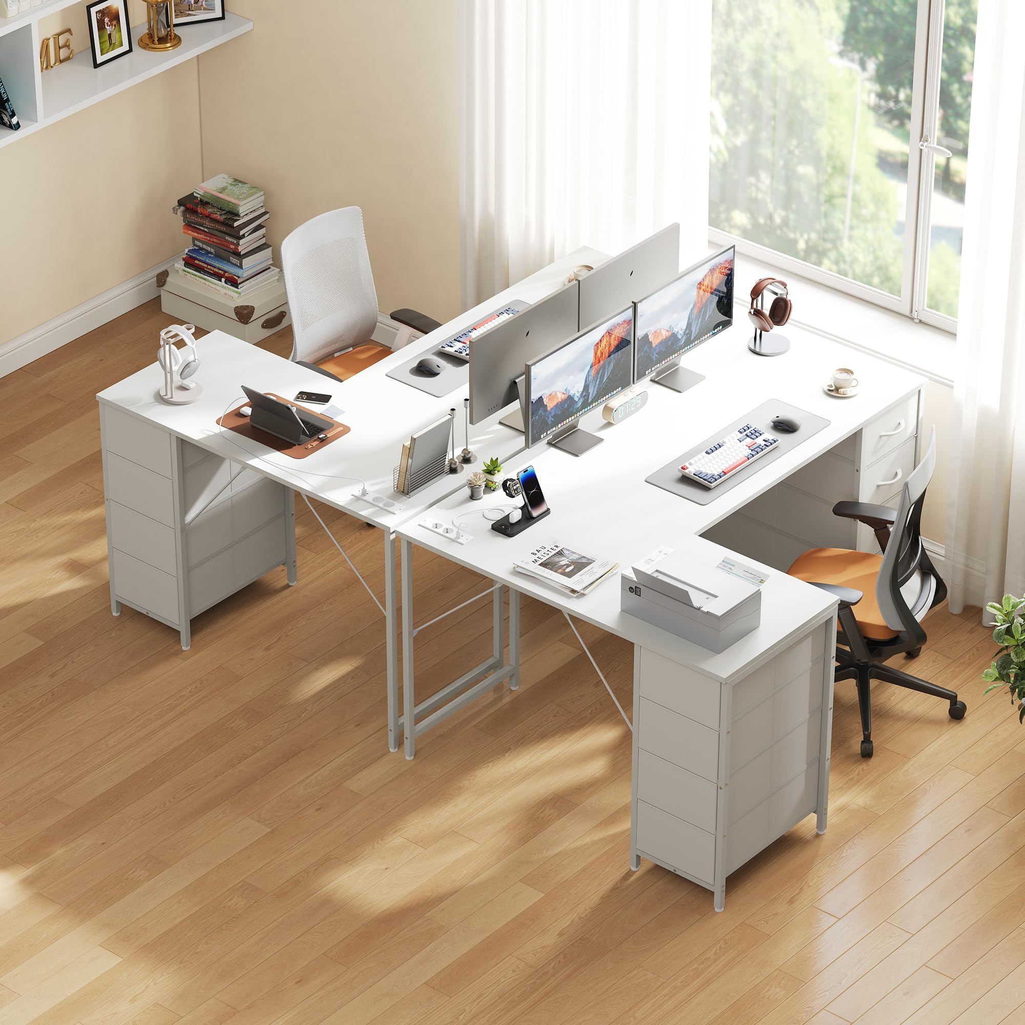 YOUDENOVA Schreibtisch L-Form, 150×100 cm Eckschreibtisch mit 8 Schubladen, Computertisch mit Steckdose und USB-Ladeanschluss, Bürotisch für Arbeitszimmer Weiß