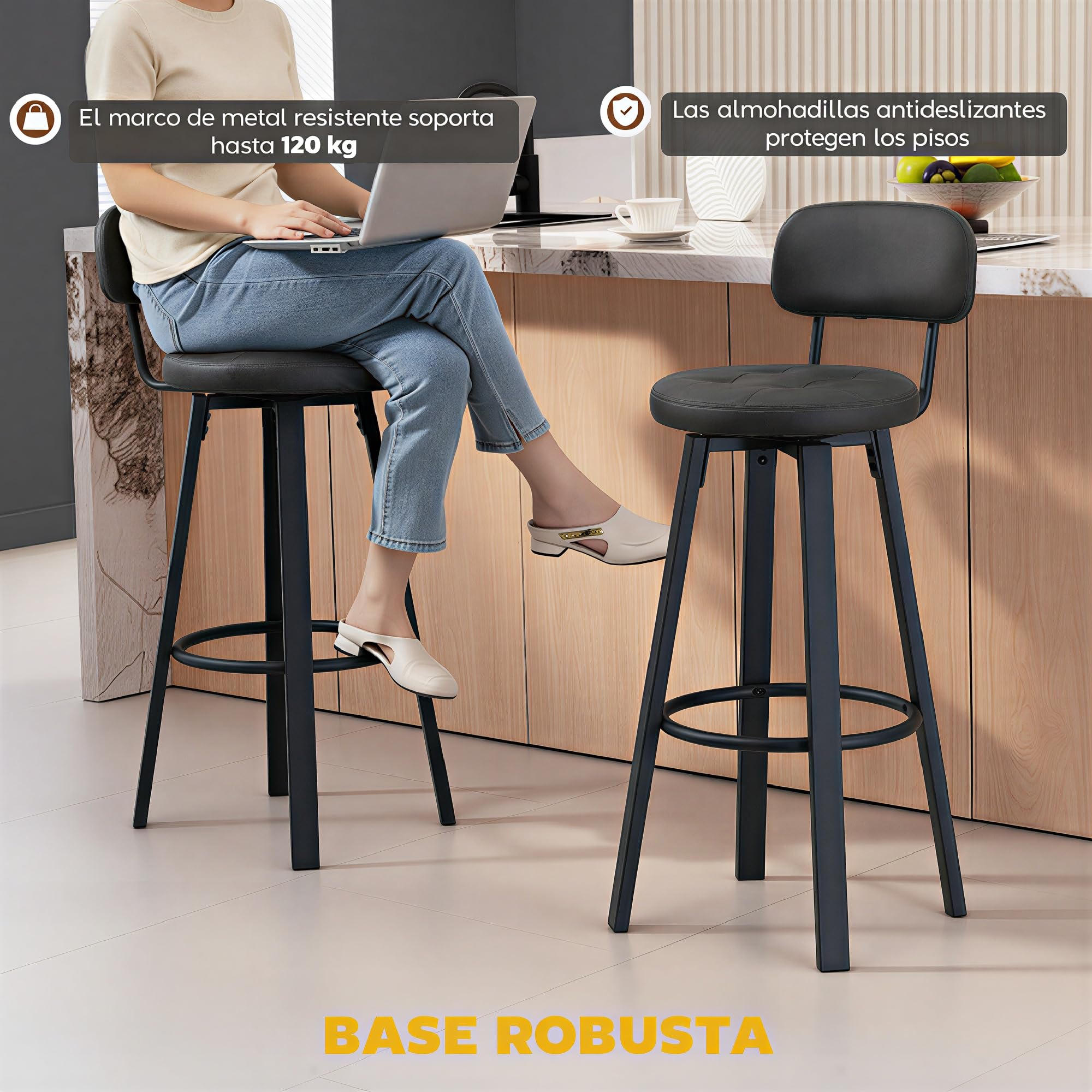 HOMCOM Juego de 2 Taburetes de Bar con Respaldo Tapizados PU Gris Oscuro | Taburetes Altos de Cocina Giratorios, Marco de Metal, Reposapiés, Asiento de 76,5 cm de Altura