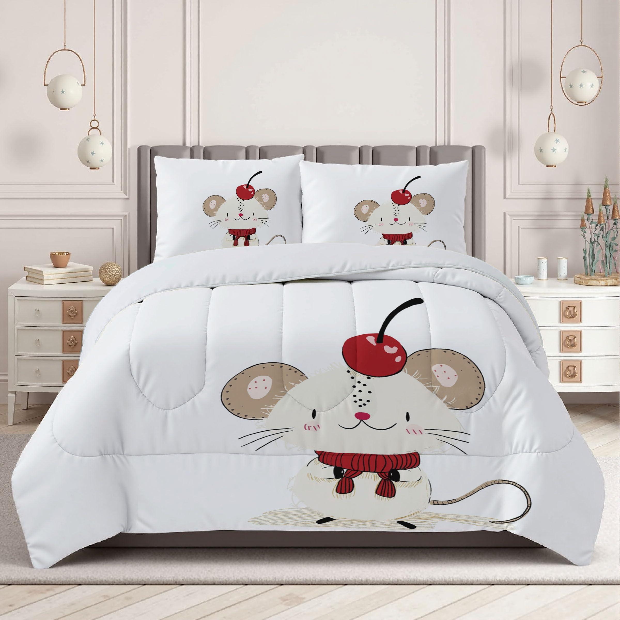Trapunta Invernale in Ecopiuma, 260x230cm Set Piumone Stile Del Libro Per Bambini Imbottita 200 gr/mq Caldo e Morbido Piumino Trapuntato Mouse Semplice Coperta Letto Reversibile per 4 Stagioni, Bianco