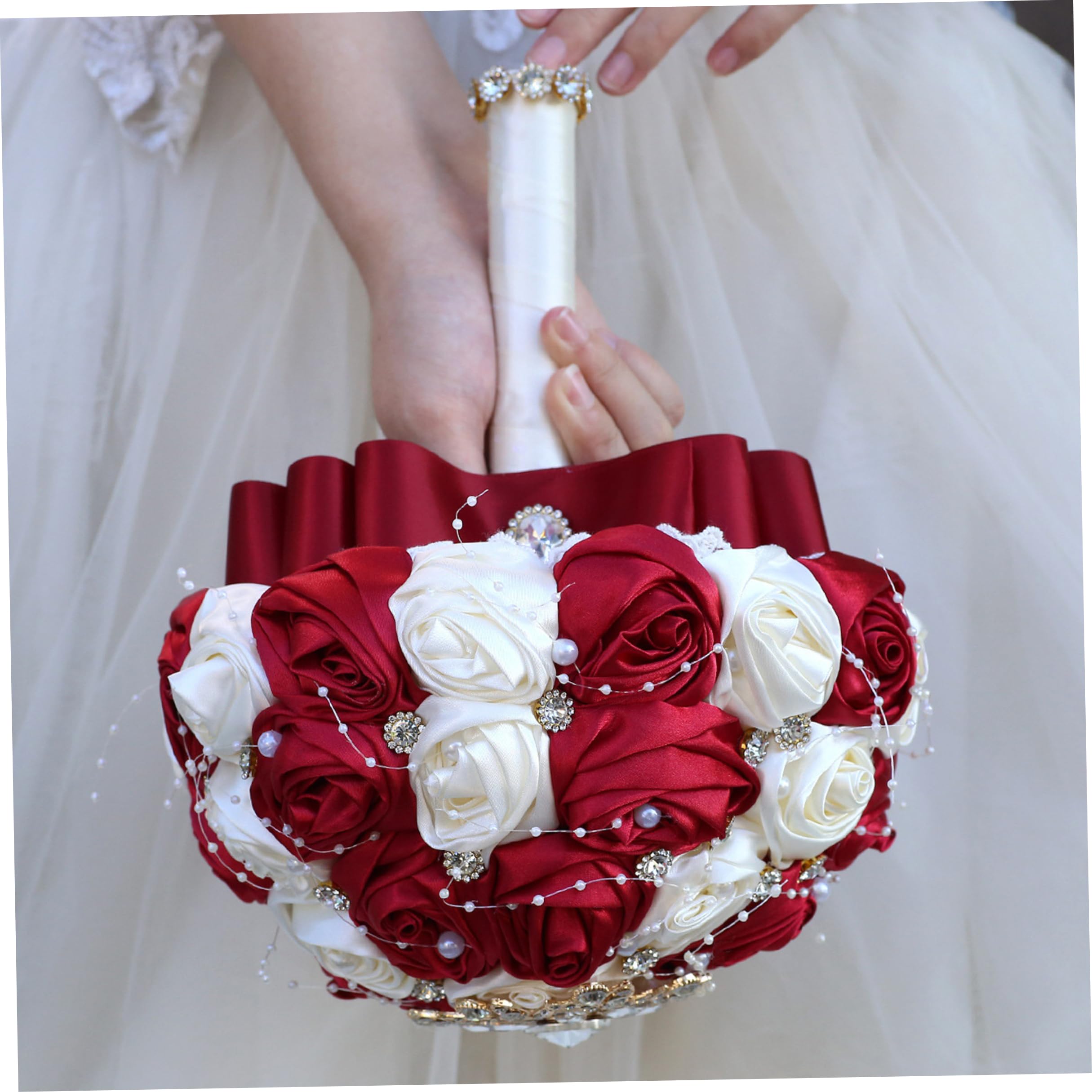 Fiori artificiali, bouquet da sposa, lussuoso bouquet da sposa con nastro rosa con strass e perle per la e la damigella d'onore, 9x10 pollici