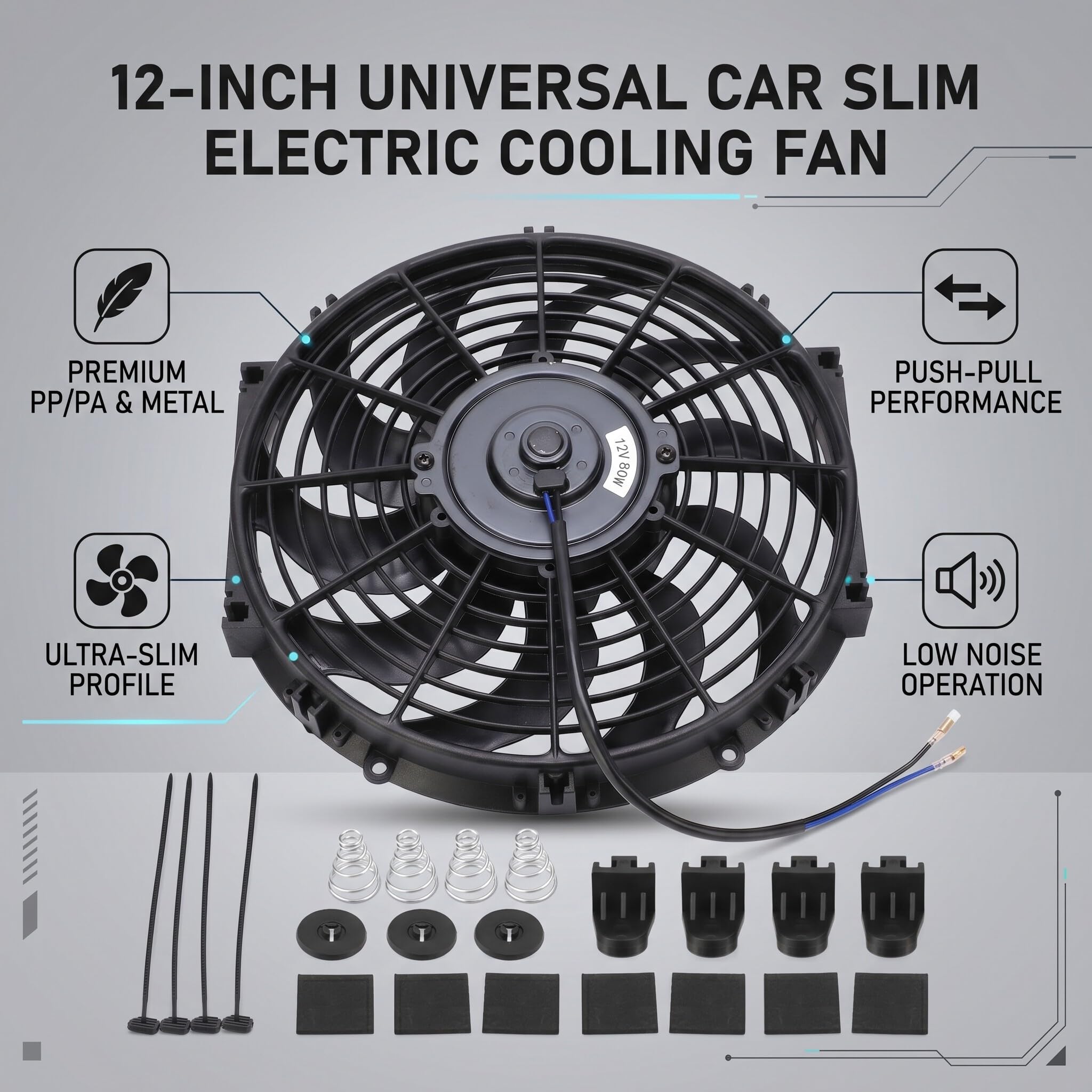 Estink Ventola Raffreddamento 12" 12V 80W | 10 lame, 12 pollici, 12V 80W, per radiatore auto