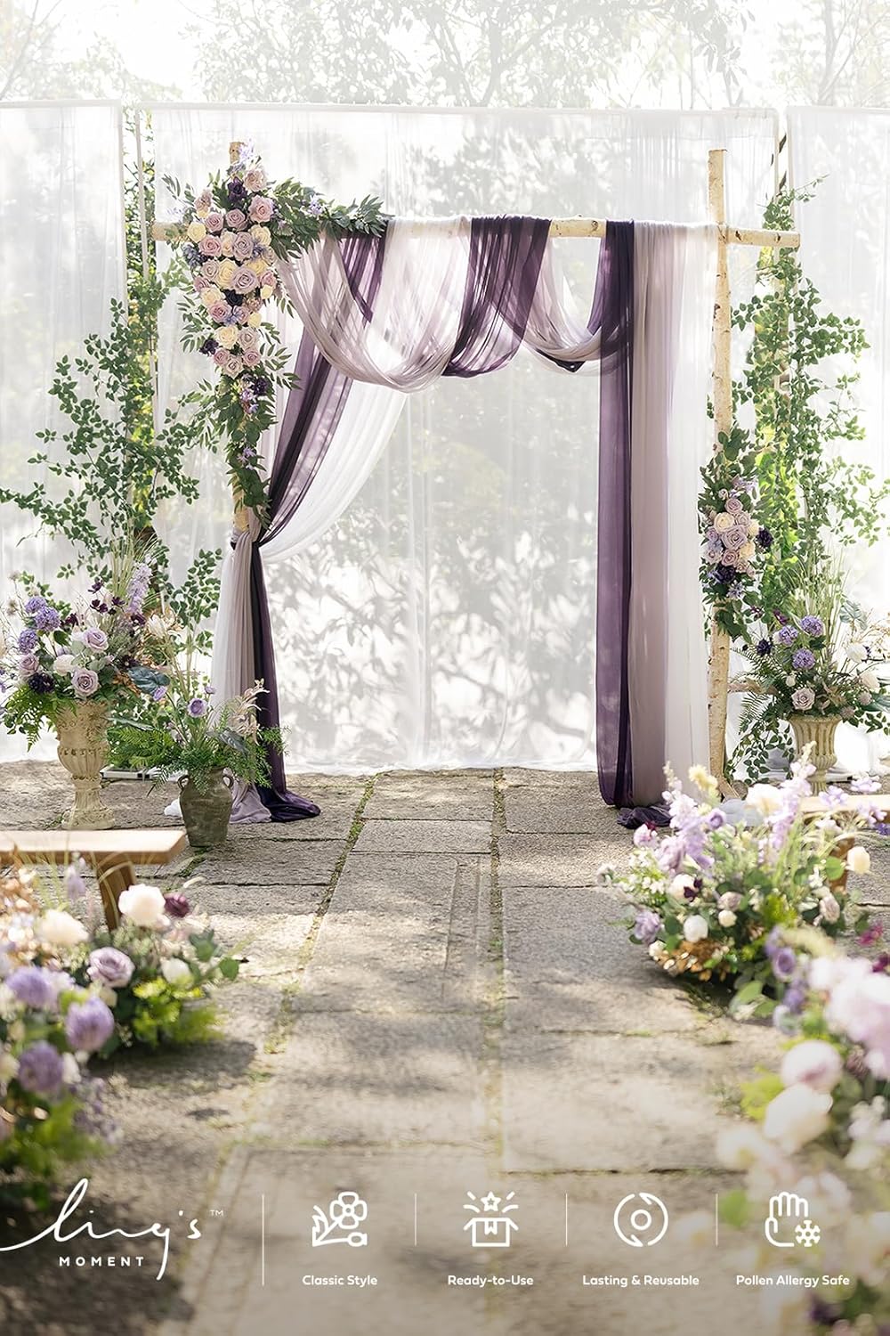 ling's moment wedding arch flowers with sheer drapes kit - artificial purple and gold rose floral arrangements for ceremony backdrop, arbor decor, 5-piece set (2 flower stems + 3 hanging drapes) prpl-lilac & cream