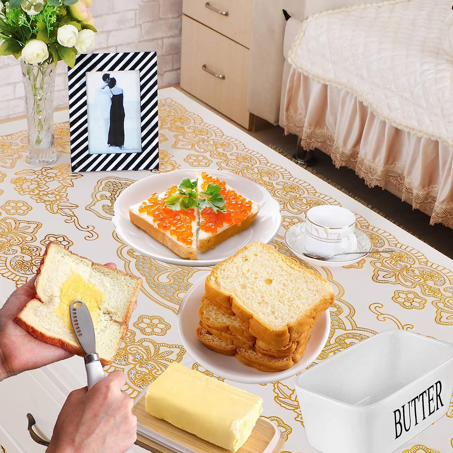 Butter Dish, Ceramic Butter Dish with Wooden Lid & Stainless Steel Knife 3