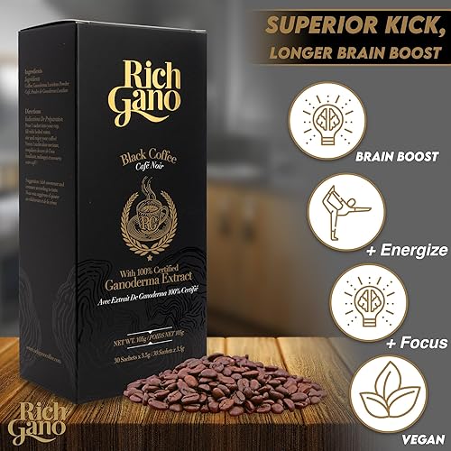 Miniatura 2 de Rich Gano Café de hongos Reishi - (4 cajas de 30 bolsitas) Café negro con extracto de ganoderma - Paquetes de café instantáneo totalmente naturales
