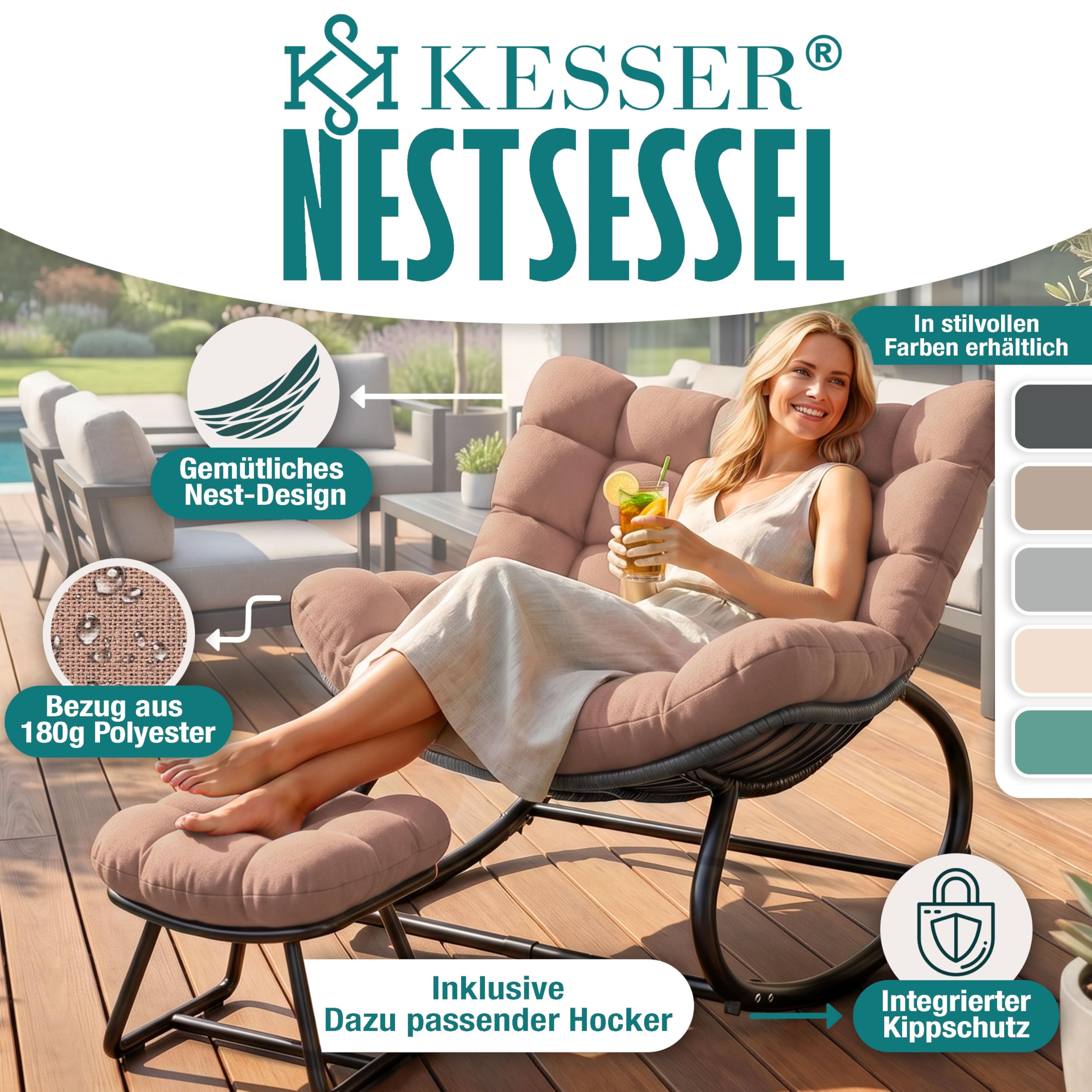 KESSER Sedia a dondolo per interni ed esterni, ergonomica, carico massimo di 120 kg, con piedini antiscivolo, resistente alle intemperie (tortora, XXL Chillexer Pro)