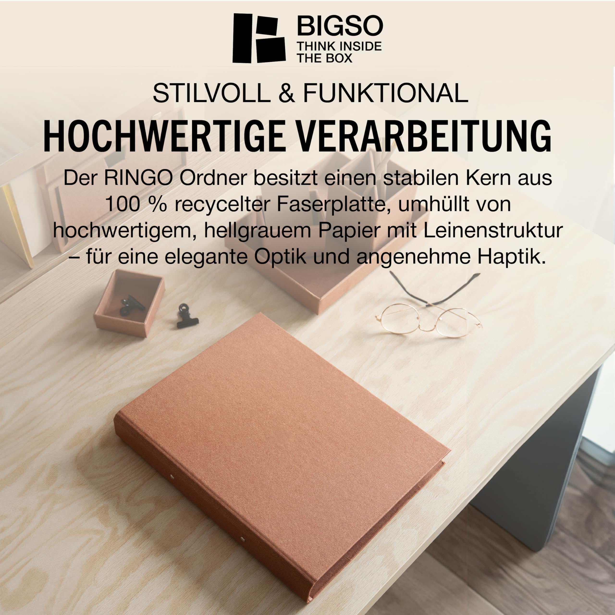 BIGSO RINGO segregator z 2 pierścieniami – wąski segregator ze 100% płyty pilśniowej z recyklingu i papieru o wyglądzie lnu, skoroszyt do dokumentów, przezroczystych koszulek lub przekładek – sienna
