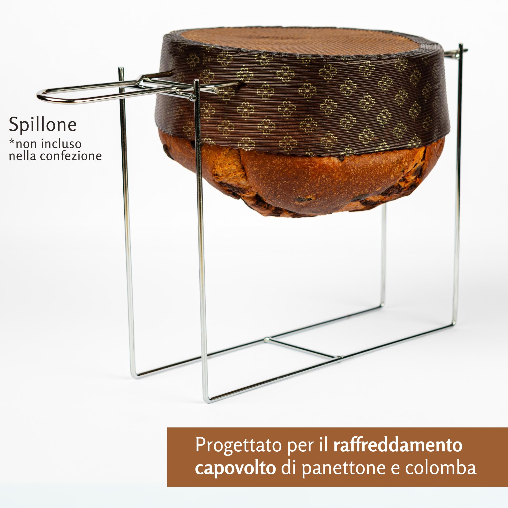 FAH - Kit 2 Supporti per Spillone Panettone, Colomba e altri Lievitati fino a 1 kg, Ferri per Panettone in Acciaio Cromato, Facile da Usare, 28 x 8 x 23 cm, da usare con Forchetta per Panettone