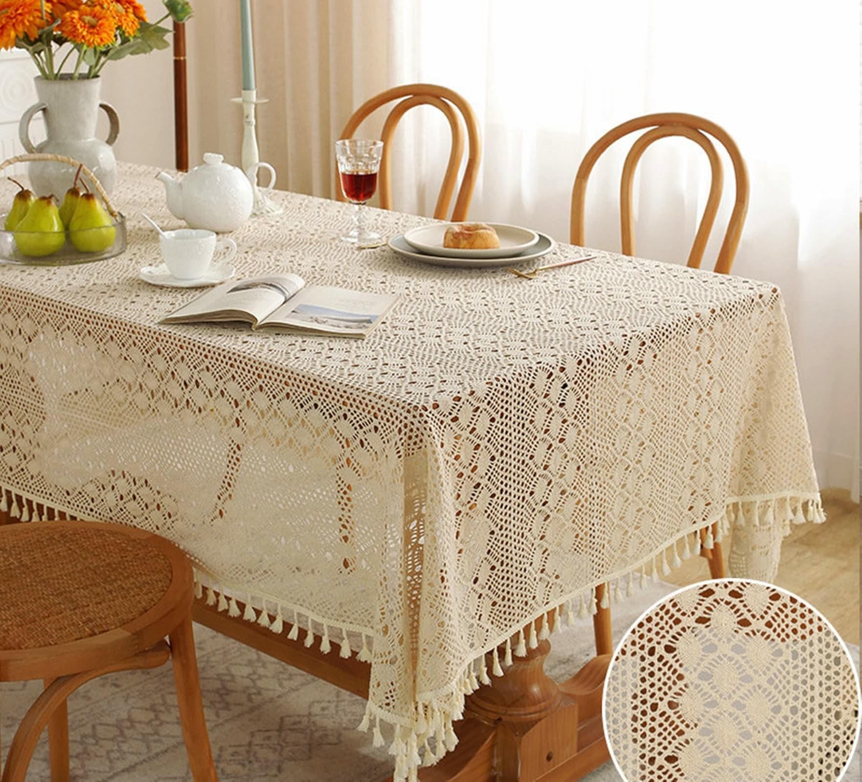 Mantel Cocina Antimanchas, 100x140cm, Color Caqui, Rectangular, Mantel Algodón Poliéster Calado Tejido