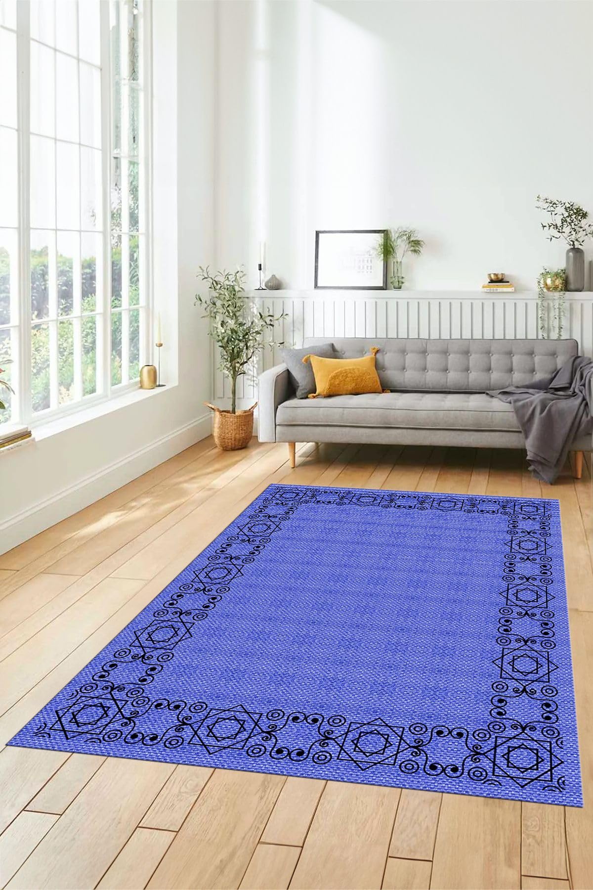 Evdeya Dijital Baskılı Kaymaz Taban Yıkanabilir Jüt Hasır Desen Üçlü Yatak Odası Takımı JÜT-19, Mavi, 80 x 300