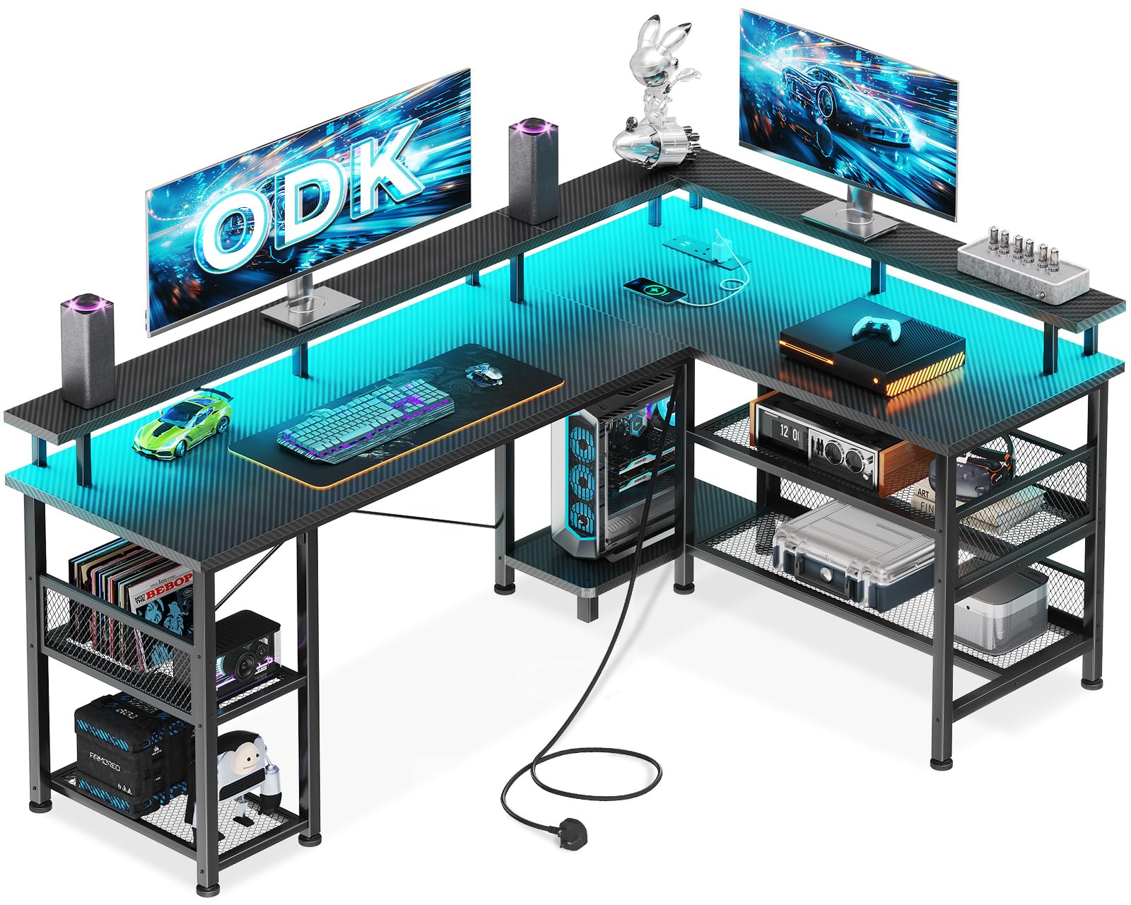 ODK L Shaped Gaming Desk with LED Lights & Power Outlets, 150×102cm Reversible Corner Desk with Storage Shelves, Computer Desks with Monitor Stand, Carbon Fiber BlackODK L Shaped Gaming Desk with LED Lights & Power…
