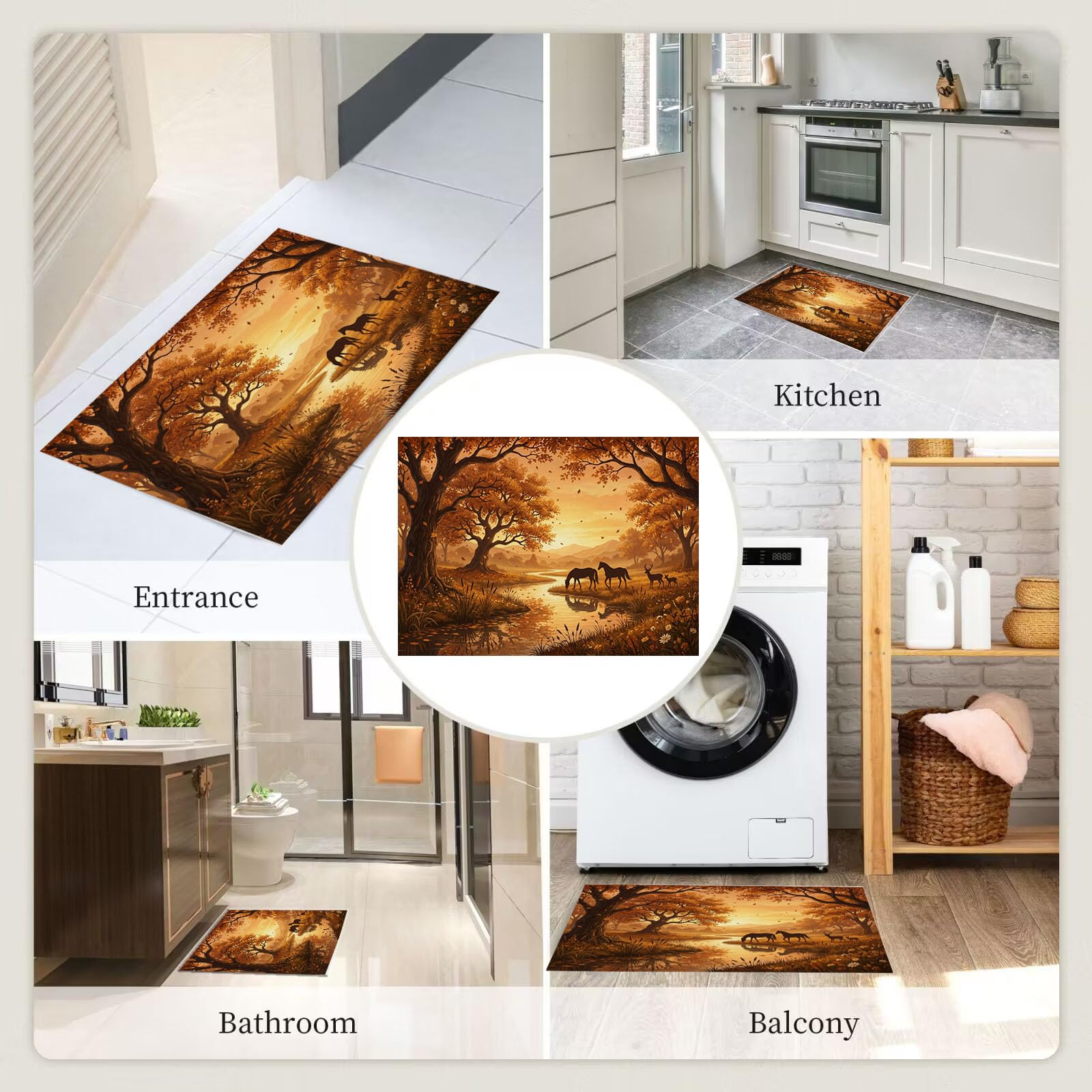Ultradünne Herbstlicher Flusswald Fußmatte Für Innenbereich, 80X120Cm Waschbar Teppich Für Eingangsbereich, Sonnenuntergangstiere Schmutzfänger Fussmatten, Orange Farbe Rutschfeste Eingangsmatte