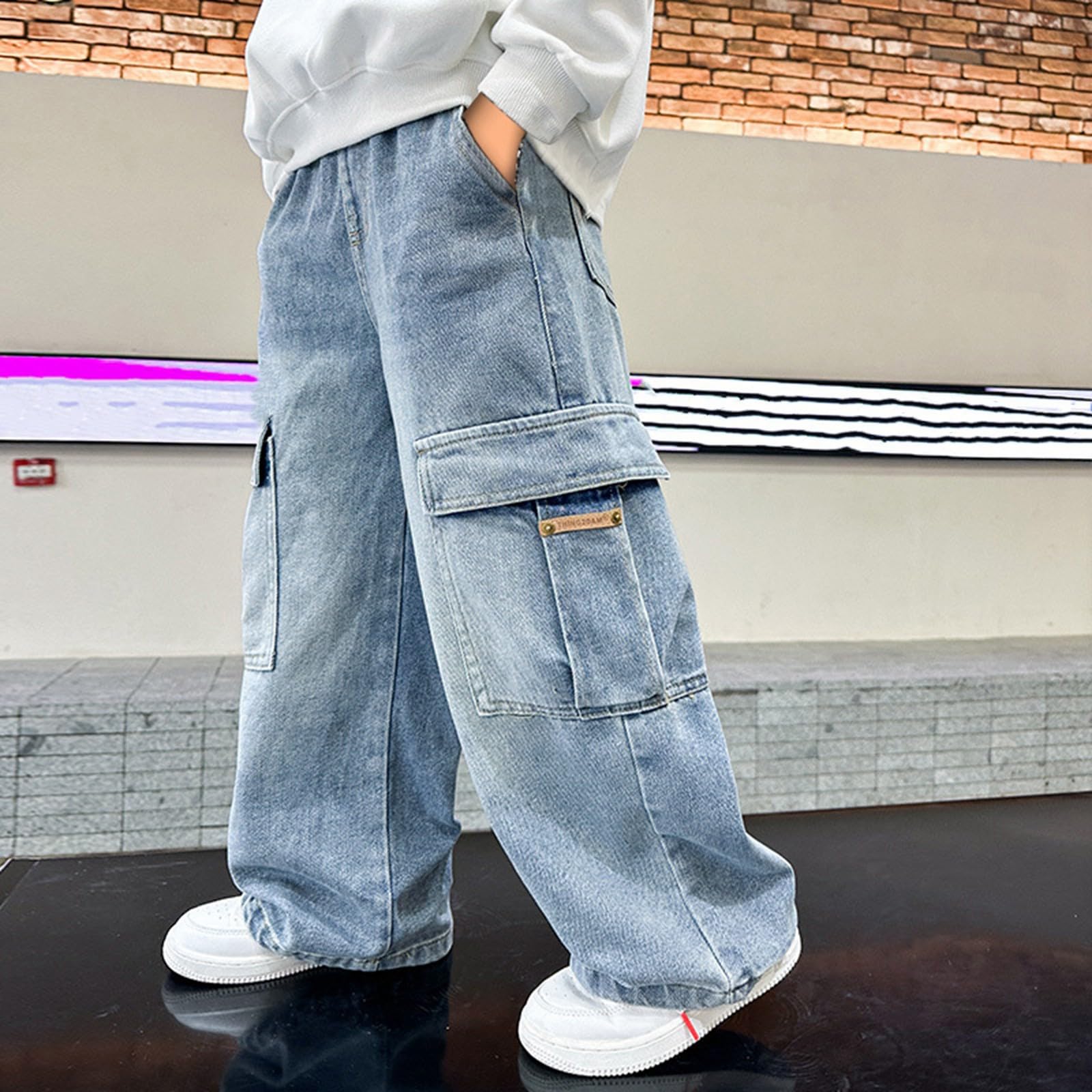 Baggy Jeans pour Garçons avec Ceinture Élastique Pantalons Garçon en Denim Hip Hop Y2K Streetwear Printemps pour Enfants Jean Baggy Garcon Pantalon Cargo Décontracté Large