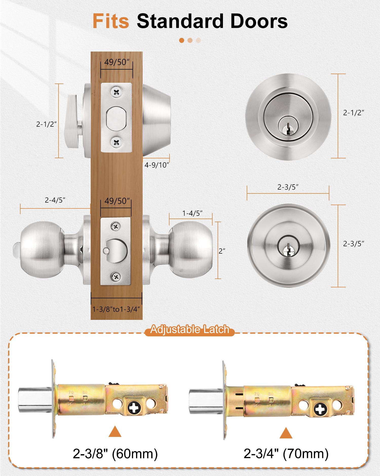 Probrico Juego de 5 pomos de puerta de entrada con llave igual con cerrojos de un solo cilindro, juego de manijas con llave para puerta delantera, accesorios exteriores e interiores, juego de palancas