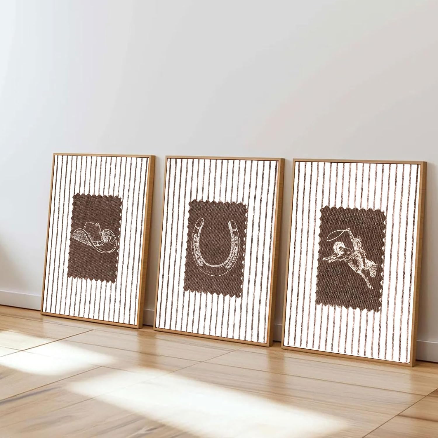 3Pcs Western Cowboy Wall Art Vintage Striped Cowboy Rodeo Wall Decor Pictures Retro Neutral Gallery Posters Prints for Boys Room Bathroom Bedroom Home Decoration Unframed 16x24in