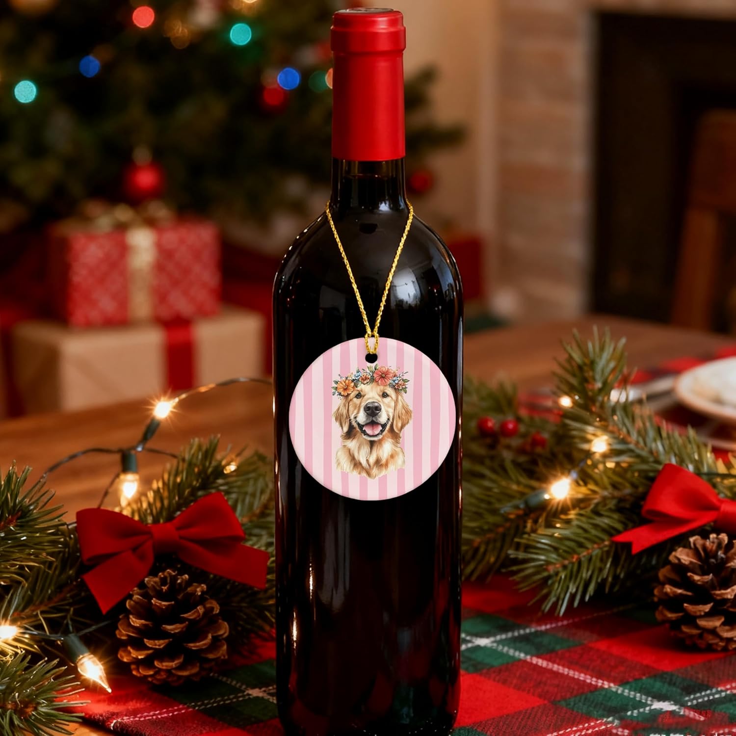 Golden Retriever Christmas Ornament, Gifts for Golden Retriever Lovers, Floral Dog Ornament for Christmas Tree, Pink Striped Dog Decorative Hanging Ceramic Ornaments for Xmas Party Holiday - Image 7