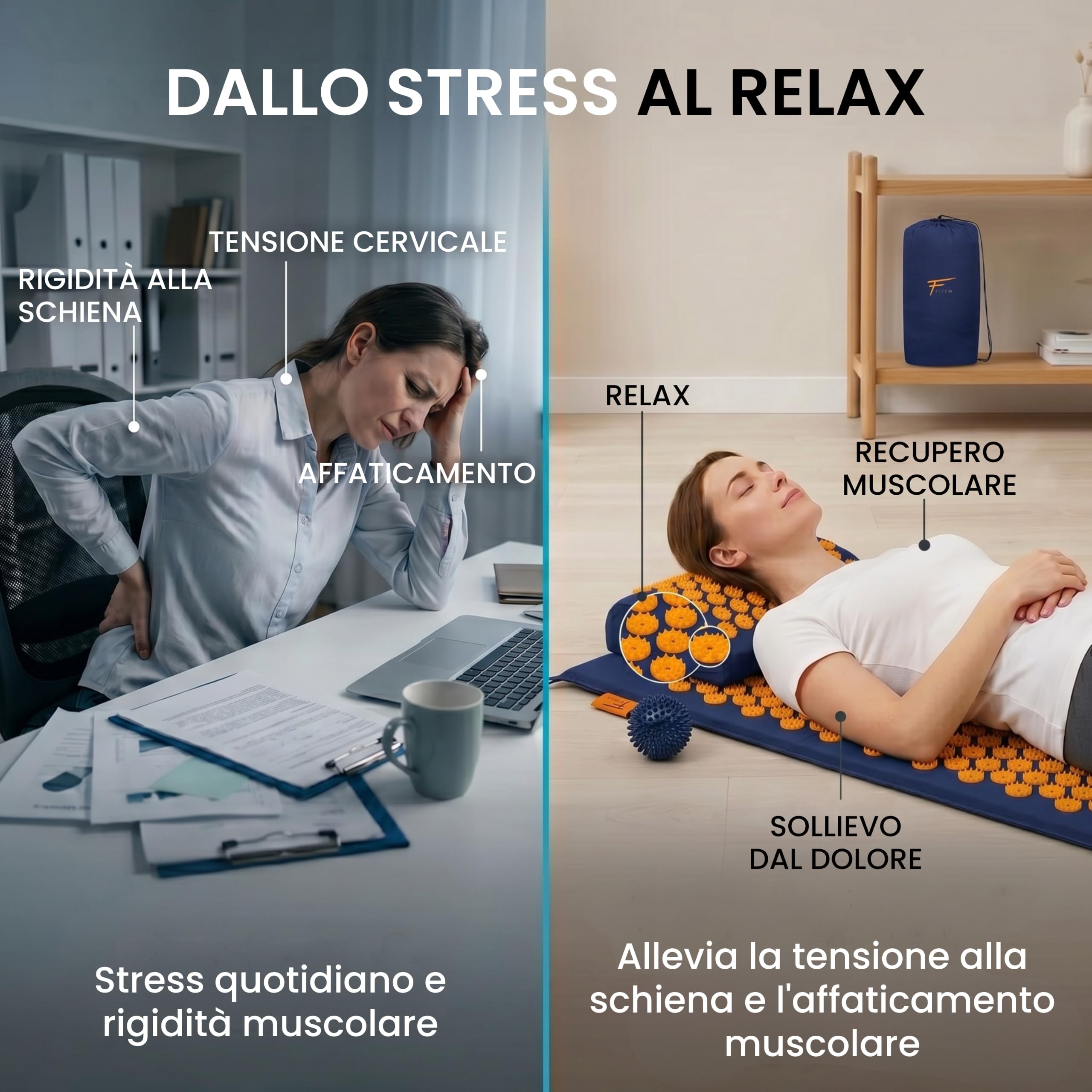 Fitem Tappetino per Digitopressione con Cuscino per Massaggio e Relax, Supporto per Schiena e Collo, Ideale per Yoga, Pilates e Recupero, Favorisce Benessere e Riposo a Casa