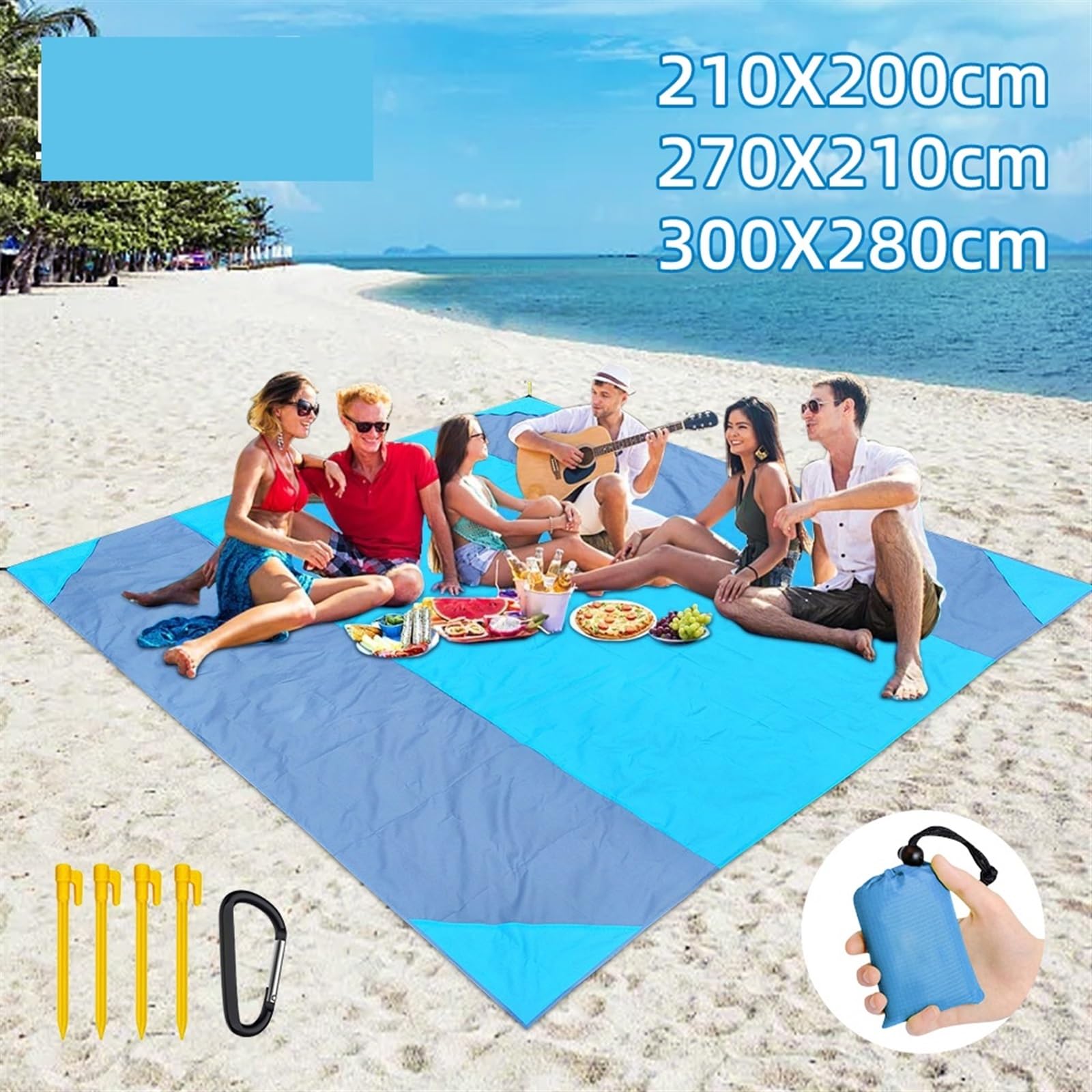 Bardzo duża wodoodporna mata plażowa, składany, bez piasku, koc kempingowy z torbą do przenoszenia, niebieski, 270 x 210 cm, idealny na zajęcia na świeżym powietrzu, pikniki i podróże