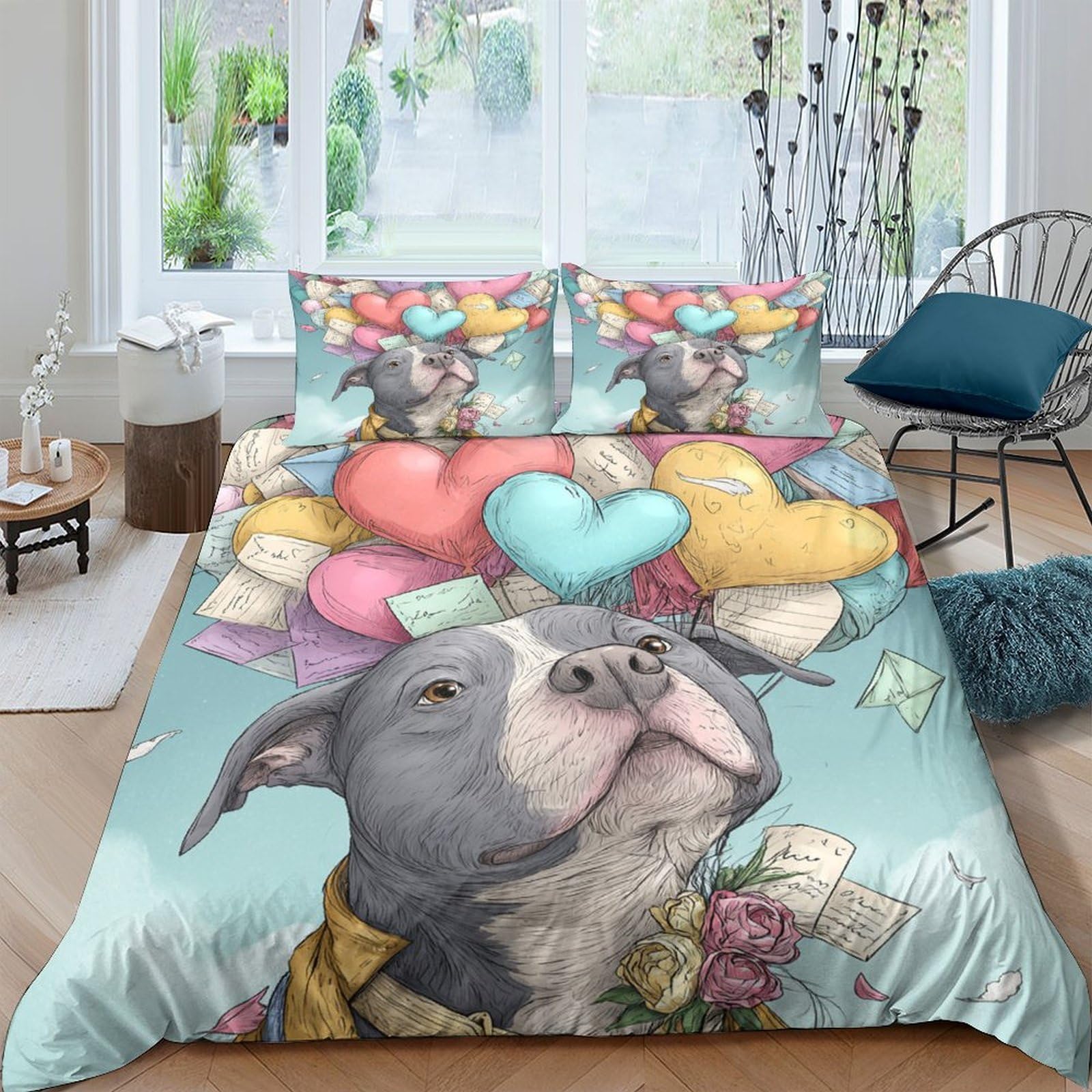 Ctjqhvkz Style-2 3D Printed Dog With Colorful Hearts Fitted Sheet Microfiber Soft Mattress Cover For Bedroom Guest Room Decor Single（135X200cm）