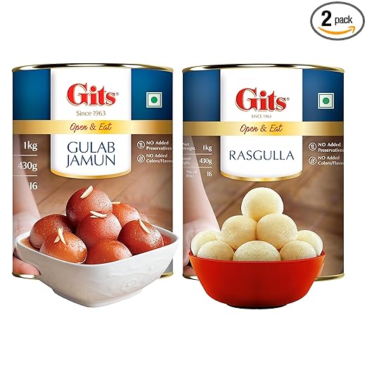Gits Open & Eat Gulab Jamun + Rasgulla, 16 Pieces Per Can, Mouth-Watering Indian Mithai, 2Kg (2000gram)(1Kg Gulab Jamun Tin + 1Kg Rasgulla Tin)