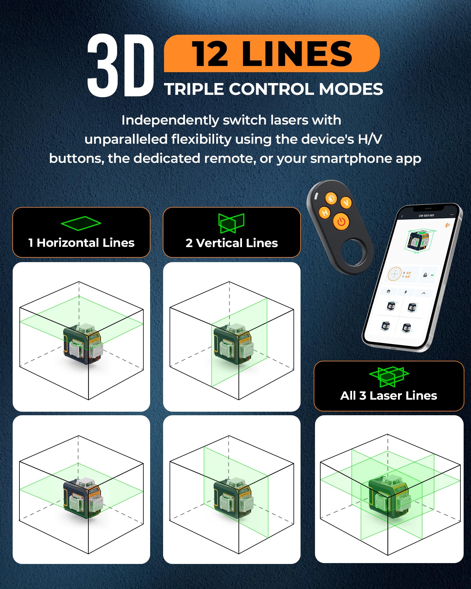 Niveau laser 360 autonivelant CIGMAN à commande gestuelle, laser vert 30 m pour laser chantier, contrôle lignes & luminosité par gestes, mode stroboscopique, Bluetooth APP, 2 batteries Li-ion pour lon