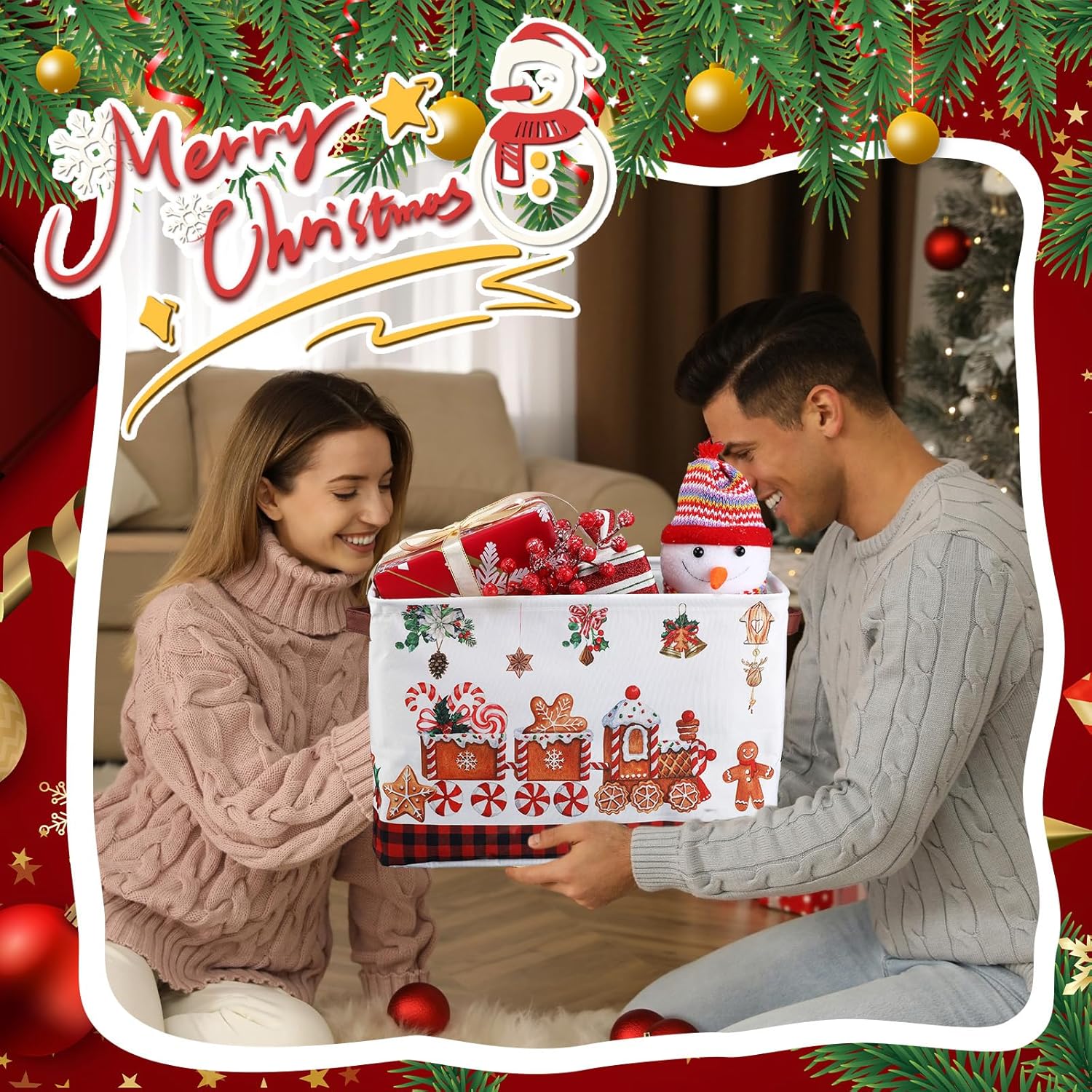 Geelin 4 Pcs Large Christmas Basket for Gifts Empty 15 x 11 x 9.5 Inch Xmas Storage Basket with Handles Collapsible Storage Bin Rectangle Laundry Organizer for Office Home Bedroom Cloth Toy (Vintage)