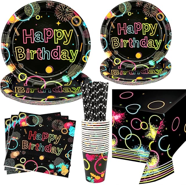 PHOGARY Glow Party Decorations, Neon Party Supplies Kit with Plates, Napkins, Cups, Tablecloth, Straws for Lets Glow Theme party, Neon Glow Party Decoration (81 PCS) - Serves 16