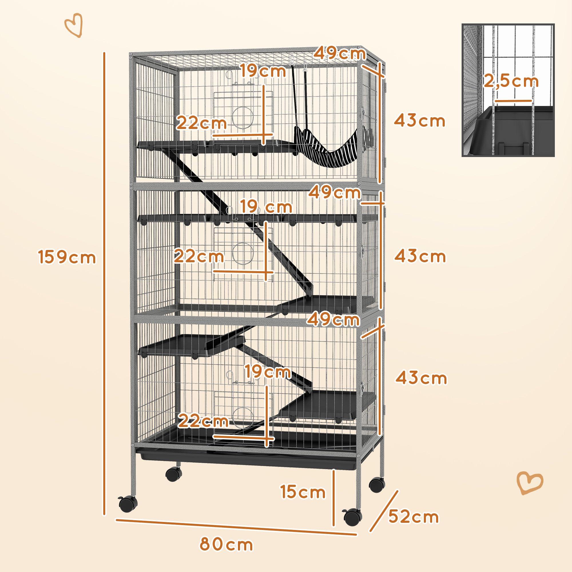 Pawhut Käfig für Nagetiere, multifunktional, 4 Plattformen, 3 Rampen, 4 Türen, Maße: 80 x 52 x 159 cm, Stahl, Silbergrau, schwarz