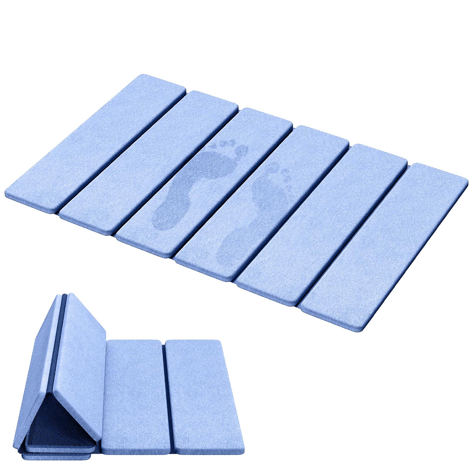Luxspire Valet Tray, PU Leather Stone Bath Mat Foldable, Valet Tray, PU Leather Quick Drying Diatomaceous Earth Bathroom Rug, with Non-Slip Rubber Base, Blu
