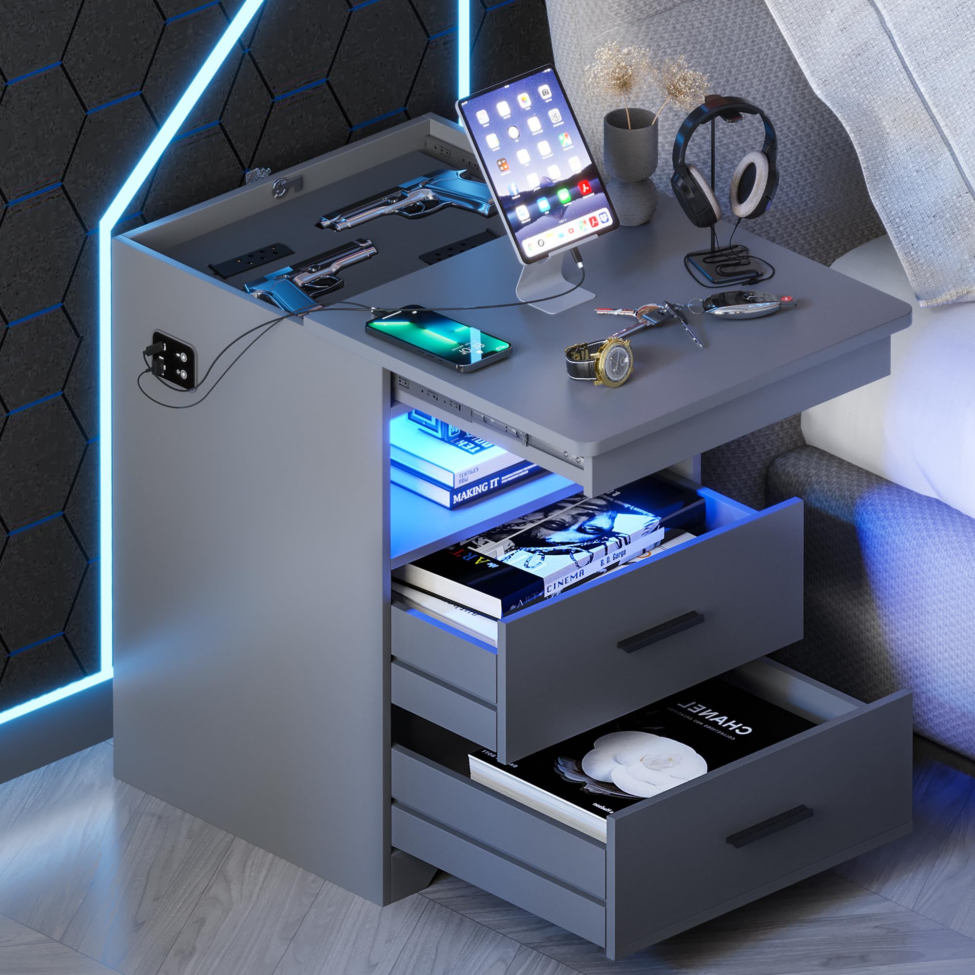 Gurexl LED Nachtschrank mit 3 Licht Dimmbar, Smart Nachttisch mit Ladefunktion, Abschließbare Schubladen Sideboard mit 3 Schubladen USB Type-C Wohnzimmer Grau