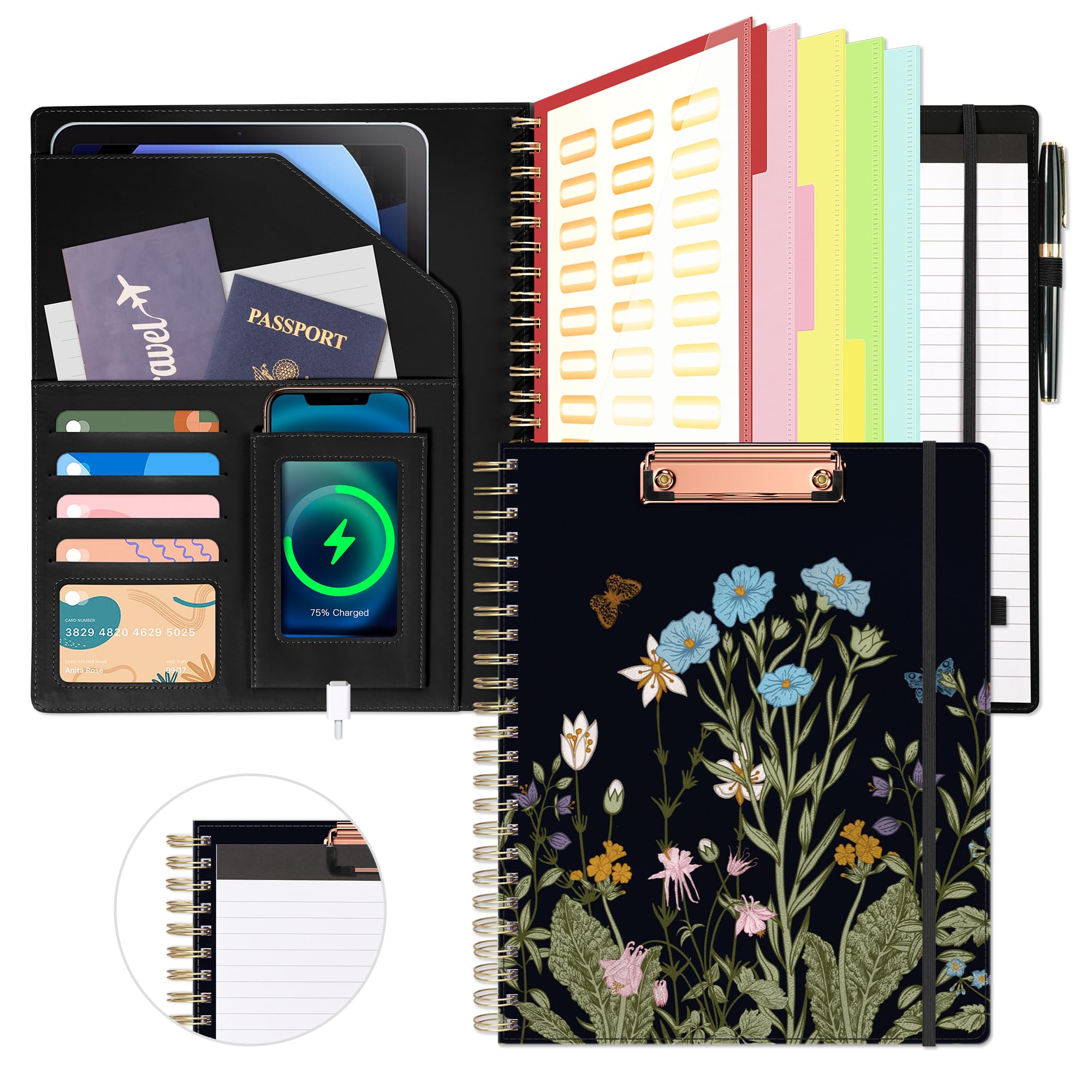 Clipboard with Storage for Men Women, Leather Padfolio Portfolio Organizer 5 Folders with 10 Pockets, Spiral Clipboard Folio with Notepad for Letter Size, Elastic Closure and Pen Loop Floral