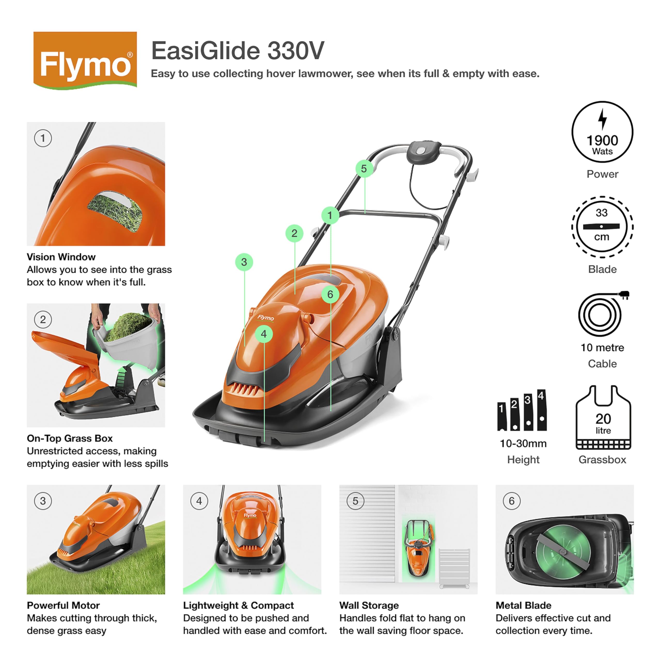 Flymo EasiGlide Hover Collect kosiarka 330 V, silnik 1700 W, szerokość cięcia 33 cm, skrzynka na trawę 20 l, składana na płasko, długość kabla 10 m, pomarańczowa i szara