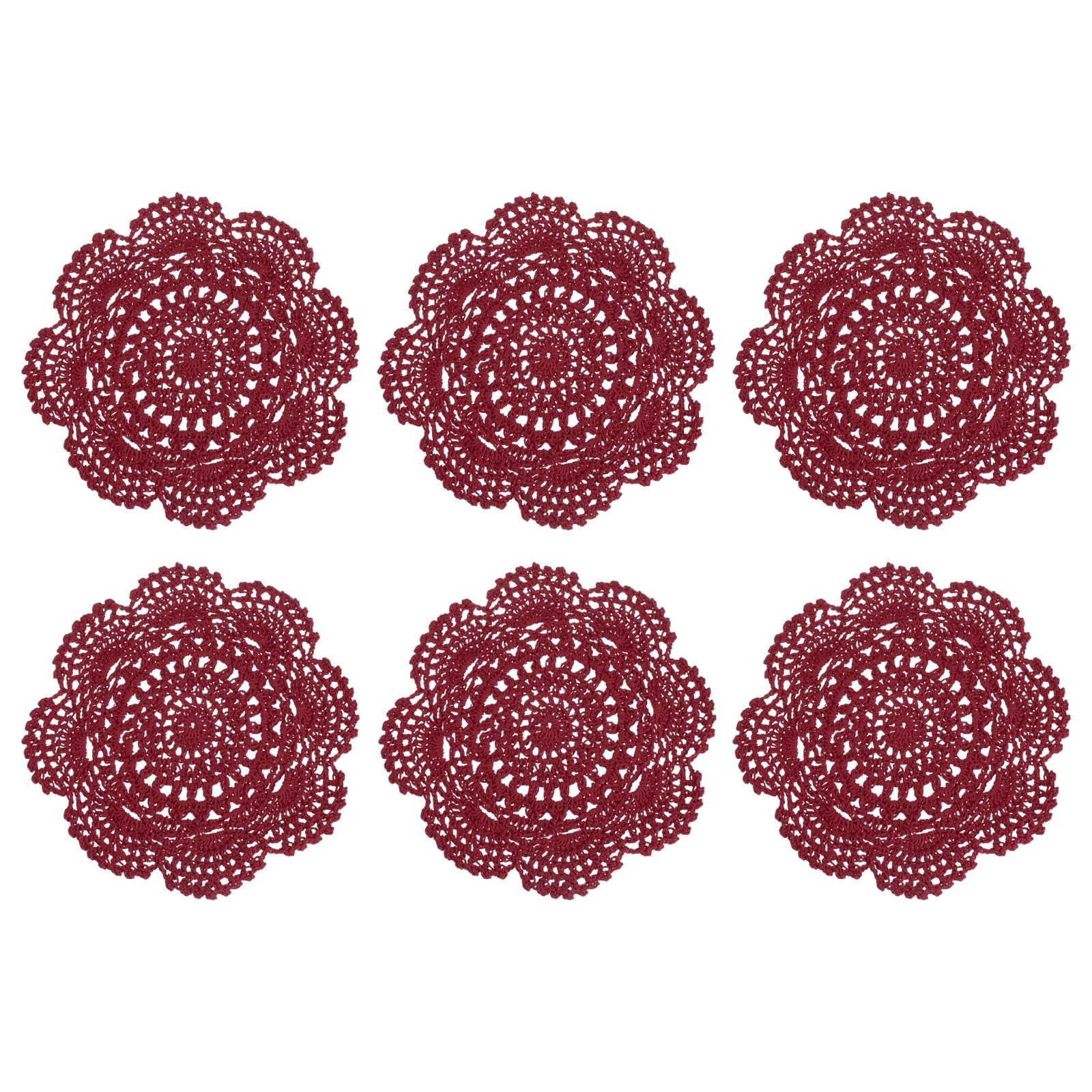 sourcing map 6 Pcs Crochet Handmade Cotton Placemats, 7.9" Round Lace Doilies Coaster, Lace Gimp Tray Coasters for Crafts, Daily Kitchen Use, Tea Cup, Festivals, Home Decoration, Burgundy