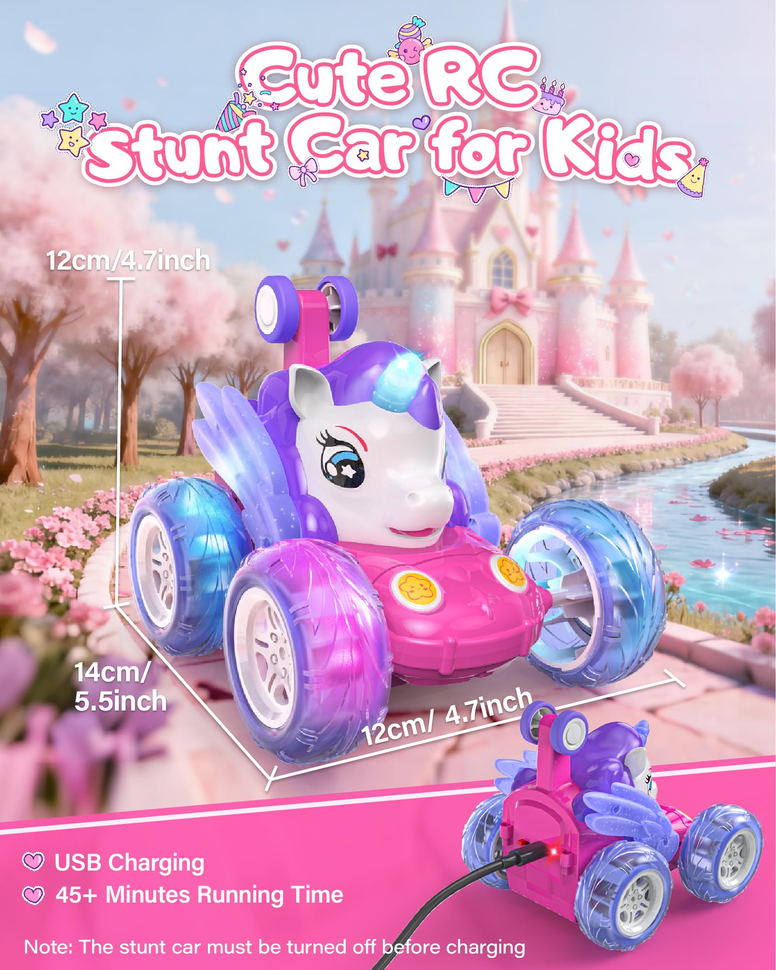 Kiztoys Voiture Telecommandé Fille 3 Ans - Licorne Jouet RC Stunt Car avec éclairage LED, Rechargeable Licorne Voiture RC Radiocommandee Jeux Cadeau Noel pour Enfant Fille 3 4 5 6 Ans