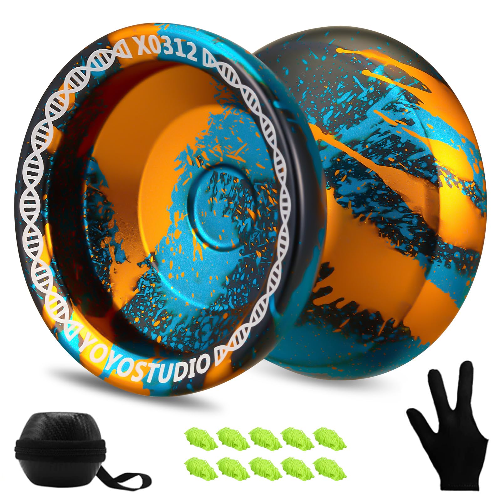 YOYOSTUDIO X0312 Unresponsive Finger Spin Yoyo Professional, Responsive Yoyo for Adults Kids 8-12, Trick Yoyo Professional with Yo Yo Bearing Kit, 10 Yo-Yo Strings, Case & Glove (Black Gold Blue)