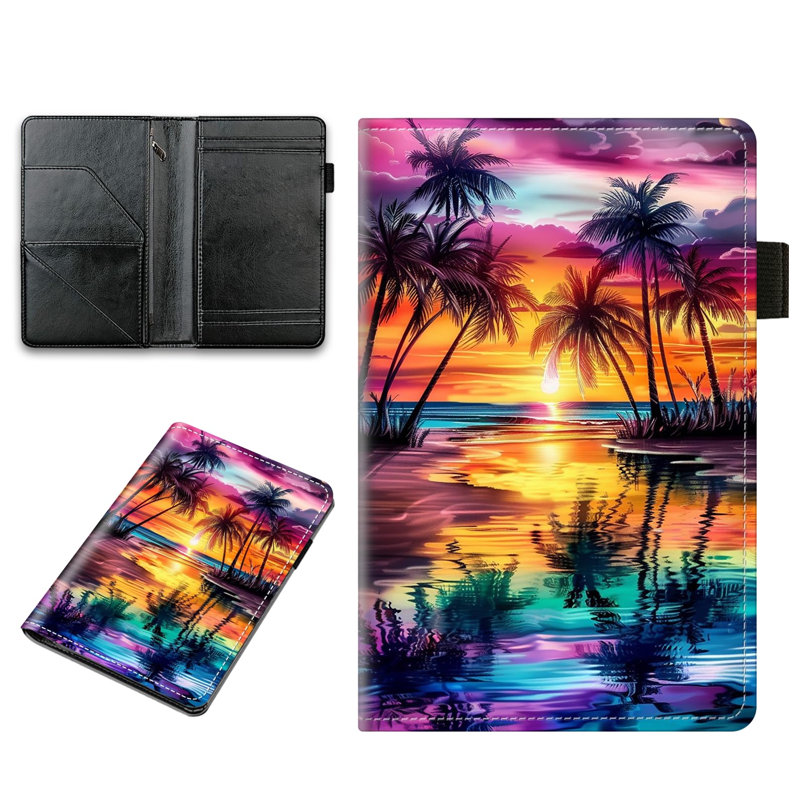 Server Book, PU Leather Server Books for Waitress, Waitress Book with Zipper, Waiter Book with 5 Large Pockets and 1 Pen Holder Fit Server Apron (Sunset Beach)
