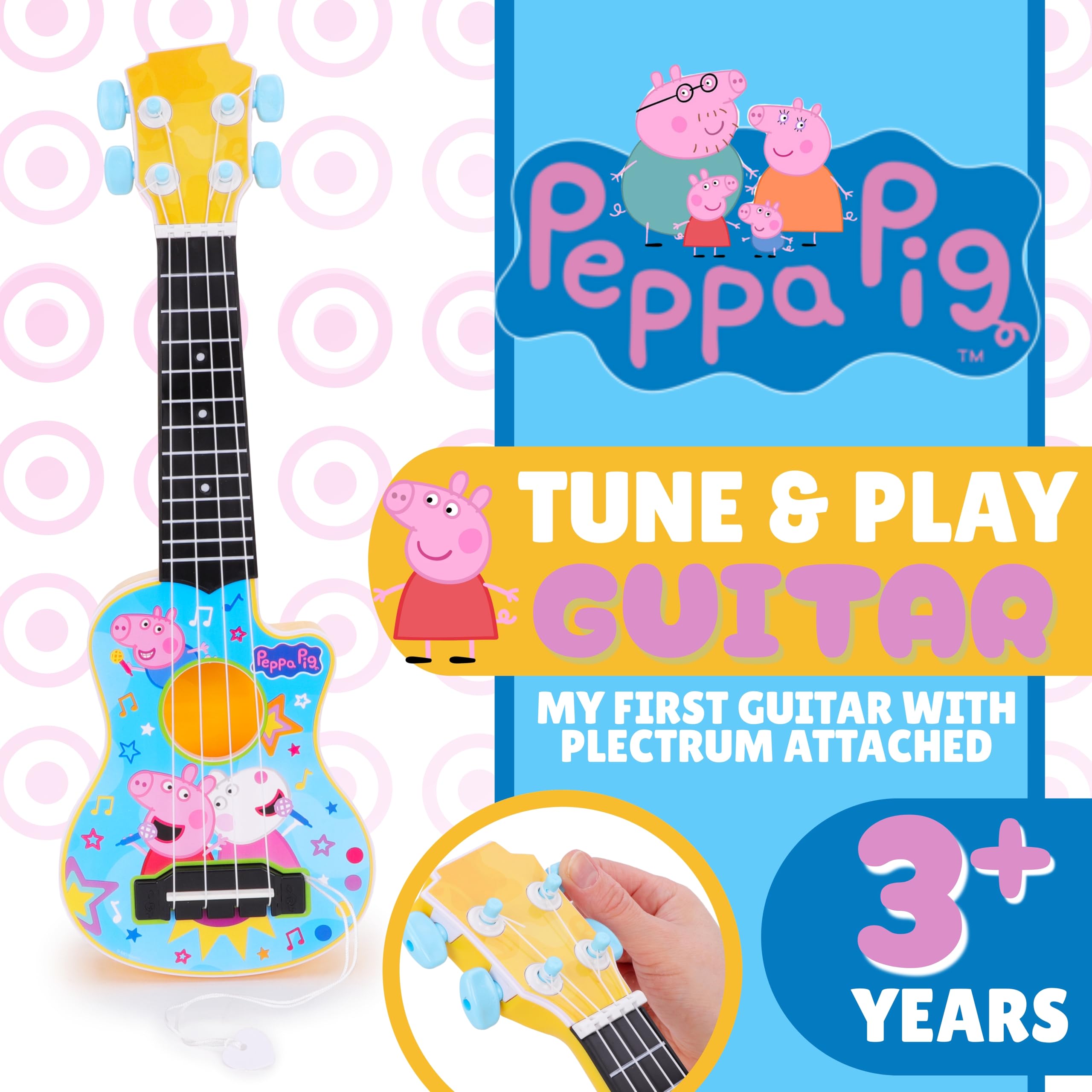 Toyland® 40 cm (16") Peppa Pig La mia prima chitarra con plettro incorporato - Strumento musicale da accordare e suonare - Divertente giocattolo musicale per bambini - Età 3+
