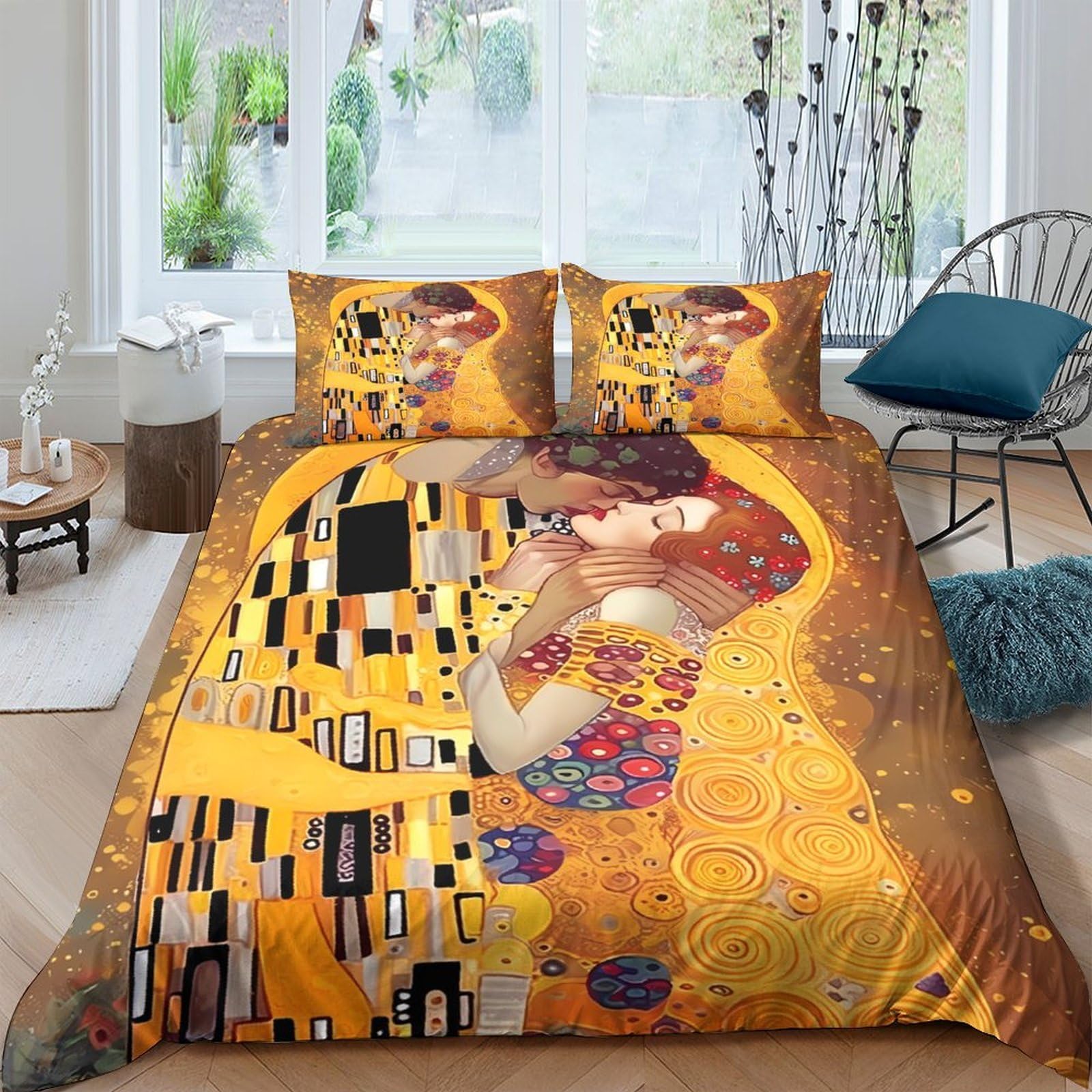 GPLZQXKJNH 3D Printed Golden Artistic Portrait Duvet Cover Microfiber Soft Breathable Abstract Bedding Set with 2 Pillowcases for Bedroom Decor Single（135x200cm）