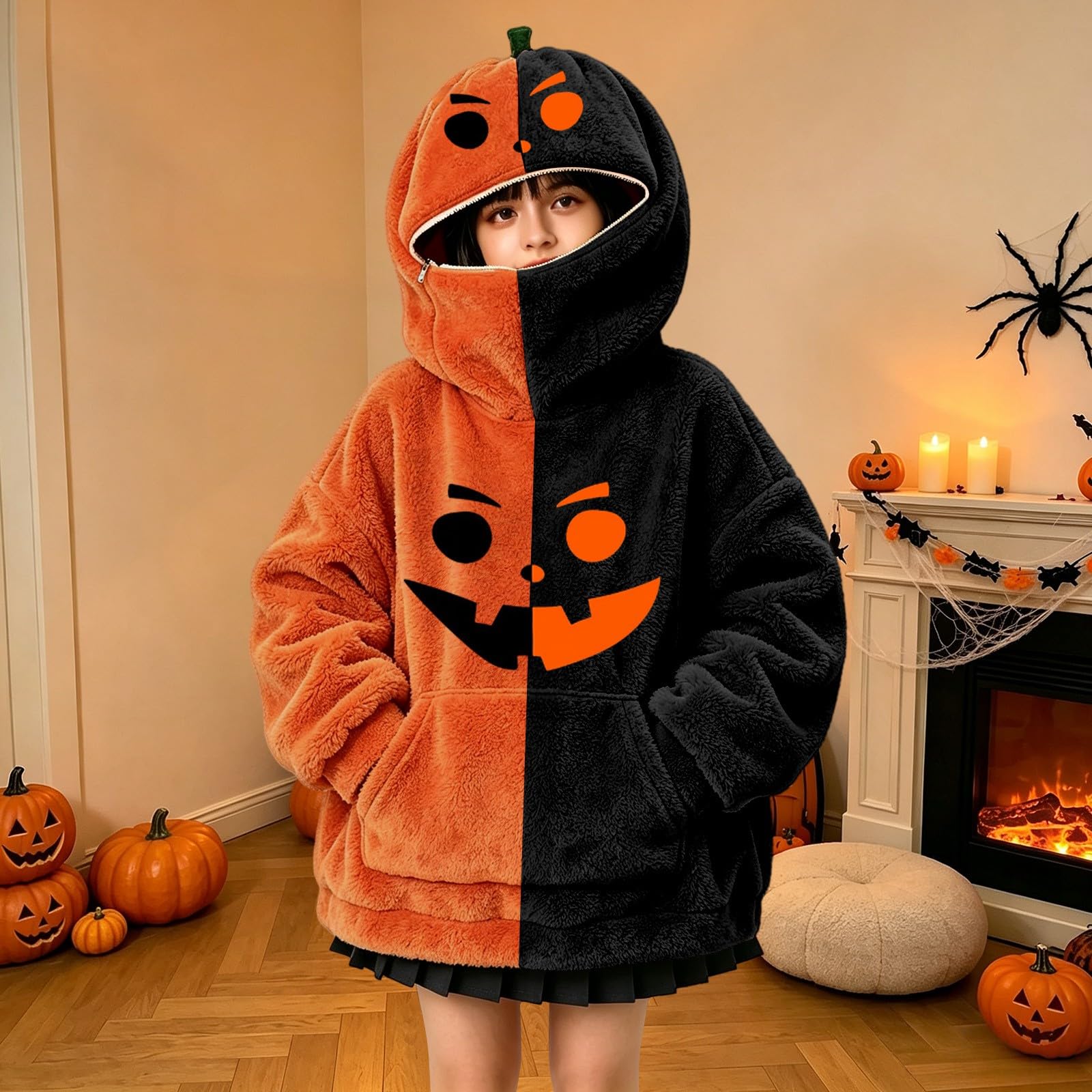 Felpa con cappuccio sfocata zucca per ragazze | Felpe con cappuccio a due tonalità con faccia di zucca calda e accogliente per feste di Halloween per autunno inverno scuola