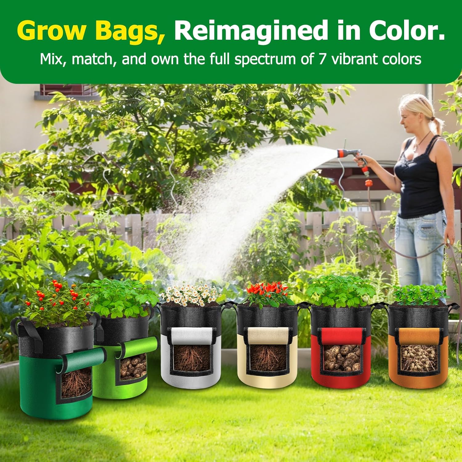 6 Pack Potato Grow Bags with Flap, 20 Gallon Grow Bags for Growing Potatoes, Colorful Durable Fabric Garden Planter Pots with Harvest Window for Tomatoes Vegetables Fruit Flowers Herbs