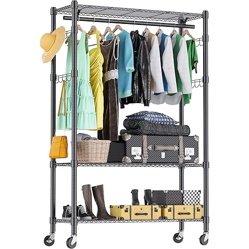 BATHWA Heavy Duty Clothes Rack Garment Rack Clothing Racks for Hanging Clothes 3 Tier Wardrobe Rack Clothing Storage Rack with 360° Lockable Wheels, 1 Hanging Rod and 4 Hooks, 190 cm/74.8'' Height