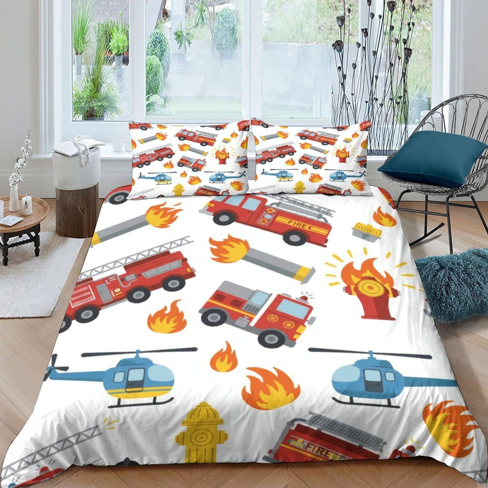 Ctjqhvkz Style-2 3D Printed Fire Truck Fitted Sheet Microfiber Soft Flame Helicopter Mattress Cover For Bedroom Guest Room Decor Single（135X200cm）