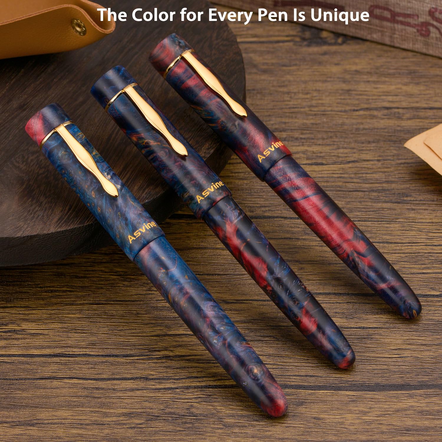 Asvine Stabilized Wood Fountain Pen C2000#8 Medium Nib Large Handcraft Unique Pattern Pen Converter Pen Box Collection Set - Sunset - Image 3