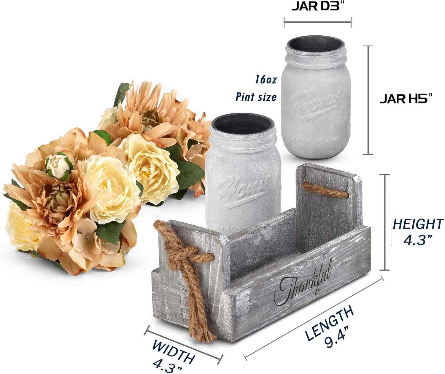 Besuerte Decorative Mason Jar Centerpiece, Rustic Wood Tray Home Decor with 2 Mason Jars,Rose Bouquet Flowers for Dining Room,Living Room,Kitchen,Office,Coffee Table,Utensils Holder, White