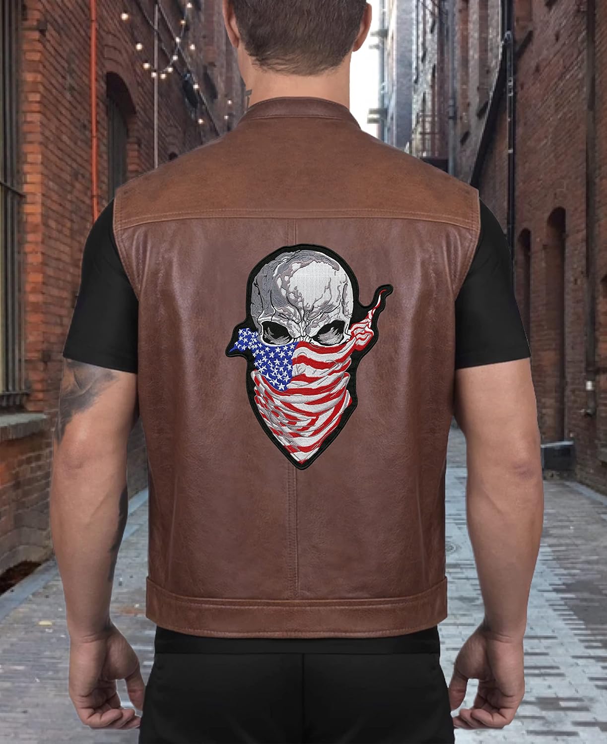 Ruthless Halfskull Patch 11.5" | Skeleton Embroidered American Flag Bandana Skull Patriotic Biker Emblem | Large Iron On - by Nixon Thread Co.