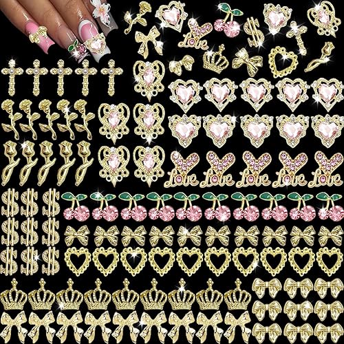 KACHIMOO 105 Pcs Nail Charms Gold Charms for Nails Nail Charms y2k Heart Cherry Rose Cross Dollar Bow Crown Nail Charms and Gems for Women Nail Art DIY Design