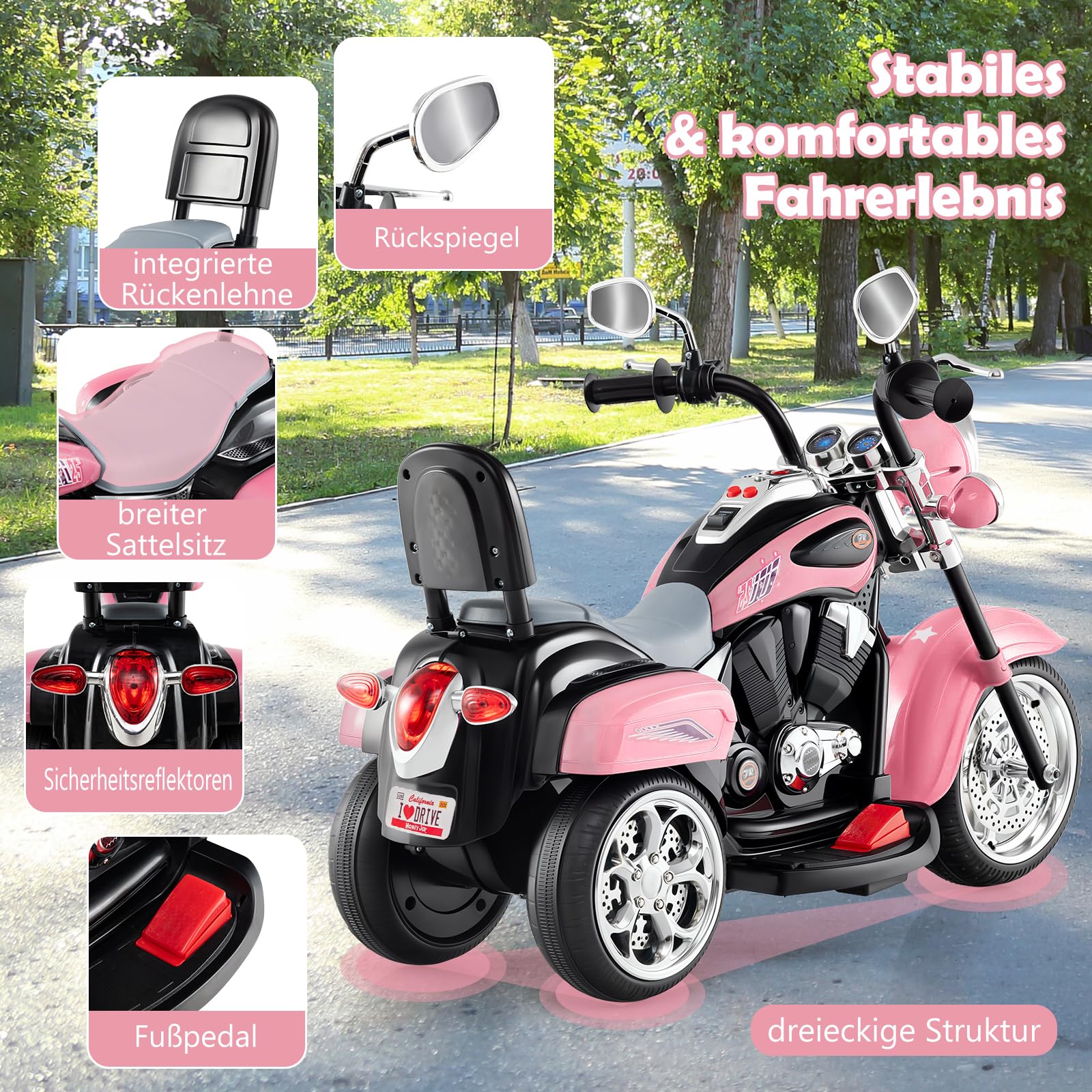 GOPLUS Motocykl elektryczny 6 V dla dzieci, trójkołowy motocykl dziecięcy z przełącznikiem do przodu i do tyłu, elektryczny motocykl, mortorcycle, pojazd elektryczny dla dzieci od 3 lat (jasnoróżowy)
